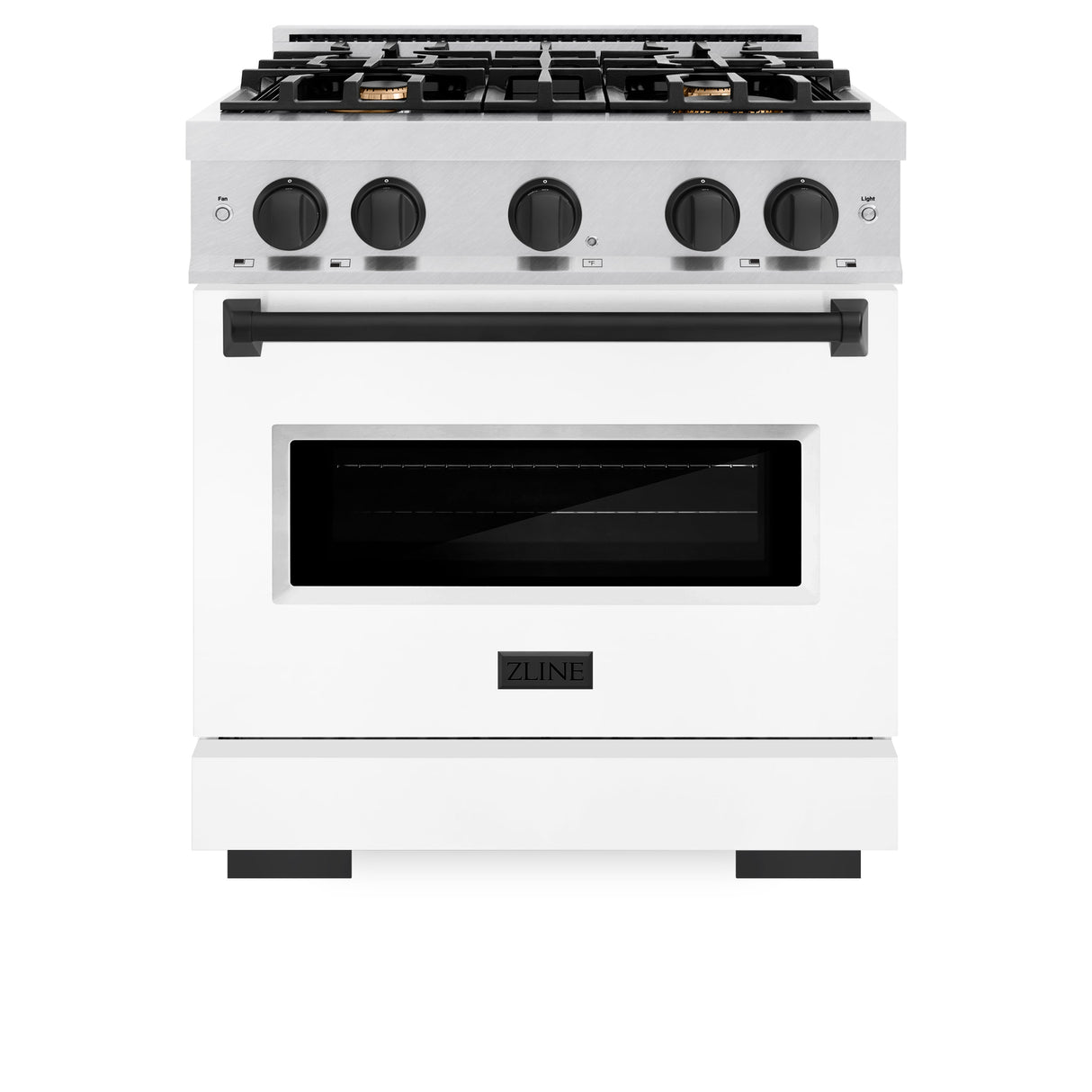 ZLINE Autograph Edition 30 in. 4.2 cu. ft. Classic Gas Range with 4 Burner Cooktop and Convection Gas Oven in Satin Stainless Steel with White Matte Door and Matte Black Accents (CGRSZ-WM-30-MB)
