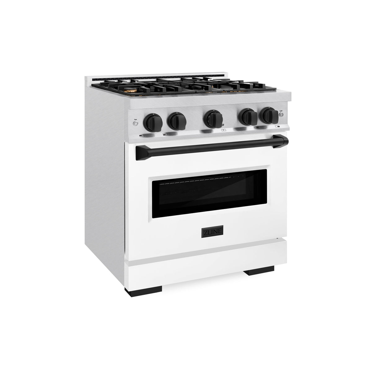 ZLINE Autograph Edition 30 in. 4.2 cu. ft. Classic Gas Range with 4 Burner Cooktop and Convection Gas Oven in Satin Stainless Steel with White Matte Door and Matte Black Accents (CGRSZ-WM-30-MB)