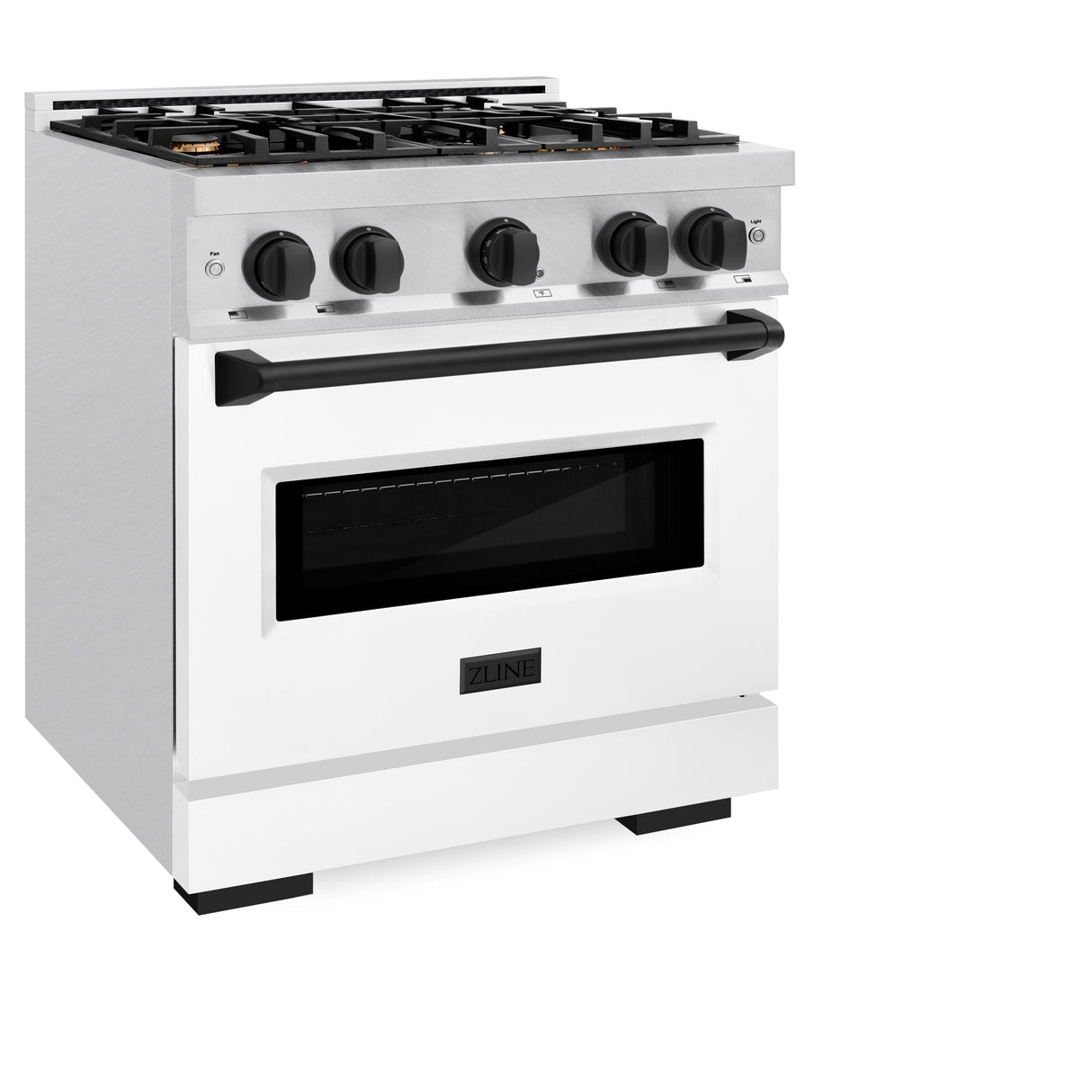 ZLINE Autograph Edition 30 in. 4.2 cu. ft. Classic Gas Range with 4 Burner Cooktop and Convection Gas Oven in Satin Stainless Steel with White Matte Door and Matte Black Accents (CGRSZ-WM-30-MB)