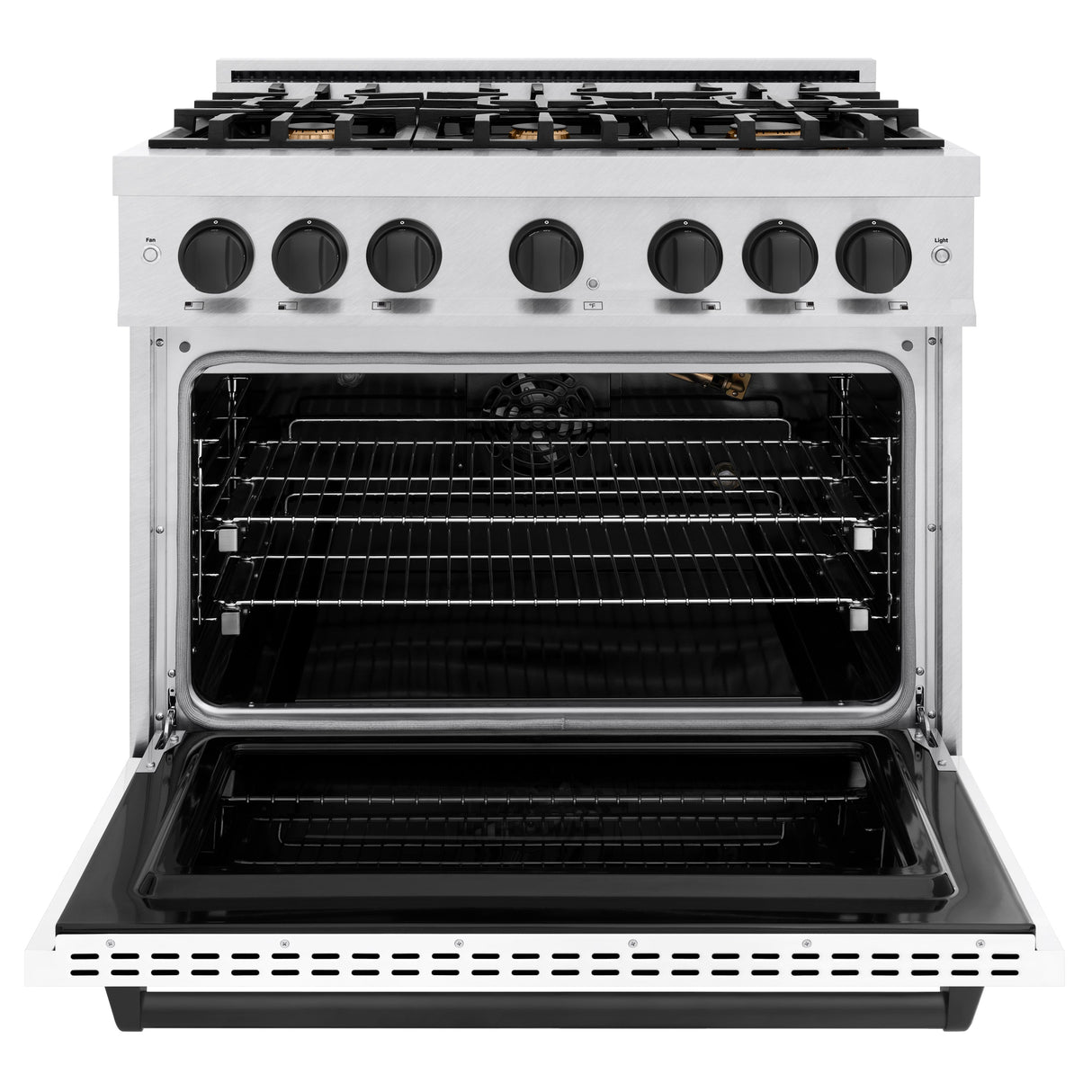 ZLINE Autograph Edition 36 in. 5.2 cu. ft. Classic Gas Range with 6 Burner Cooktop and Convection Gas Oven in Satin Stainless Steel with White Matte Door and Matte Black Accents (CGRSZ-WM-36-MB)