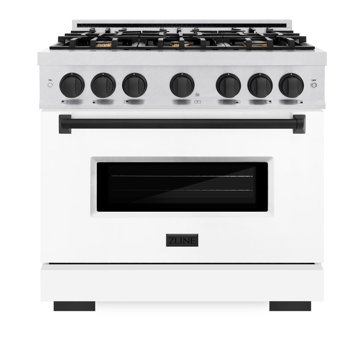 ZLINE Autograph Edition 36 in. 5.2 cu. ft. Classic Gas Range with 6 Burner Cooktop and Convection Gas Oven in Satin Stainless Steel with White Matte Door and Matte Black Accents (CGRSZ-WM-36-MB)
