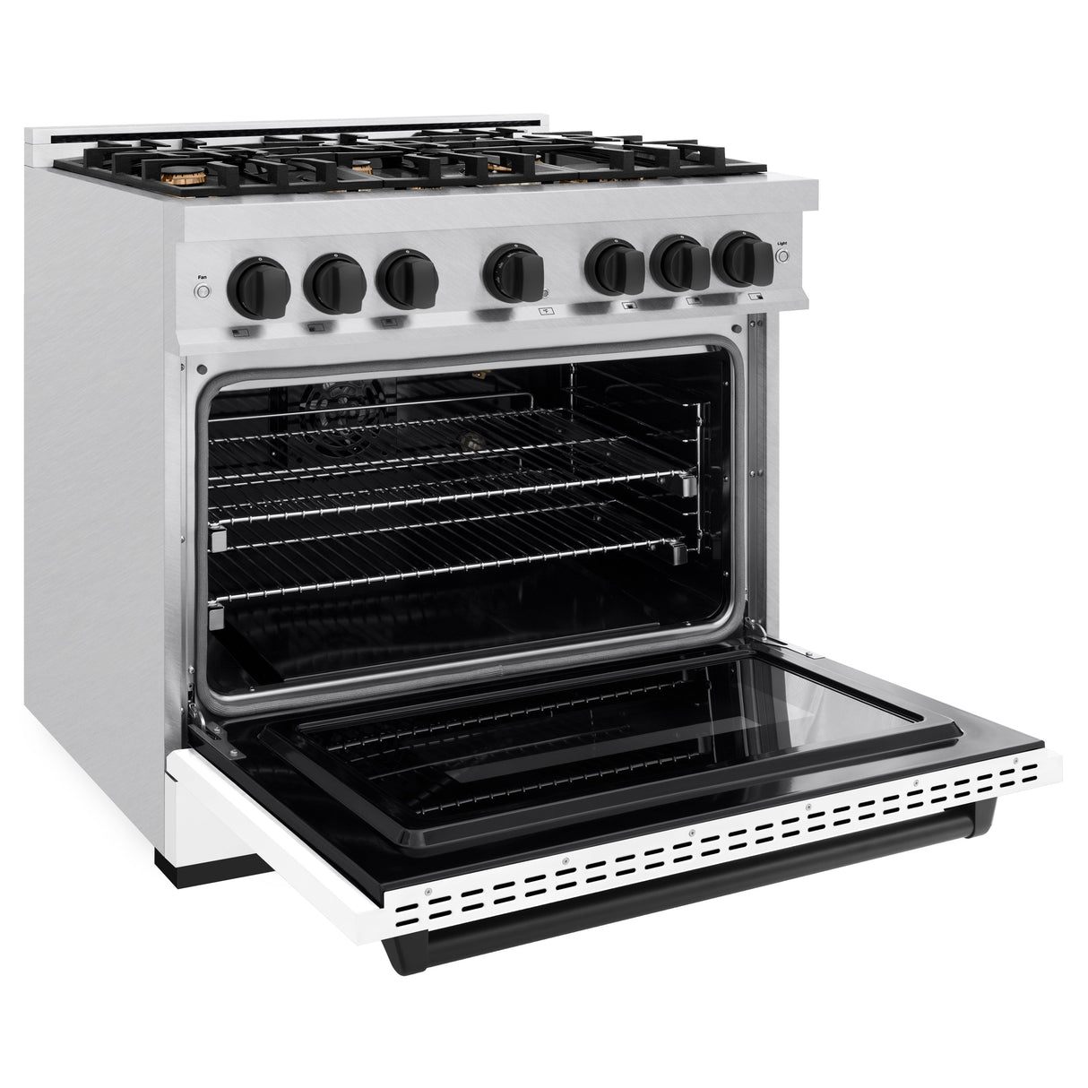 ZLINE Autograph Edition 36 in. 5.2 cu. ft. Classic Gas Range with 6 Burner Cooktop and Convection Gas Oven in Satin Stainless Steel with White Matte Door and Matte Black Accents (CGRSZ-WM-36-MB)