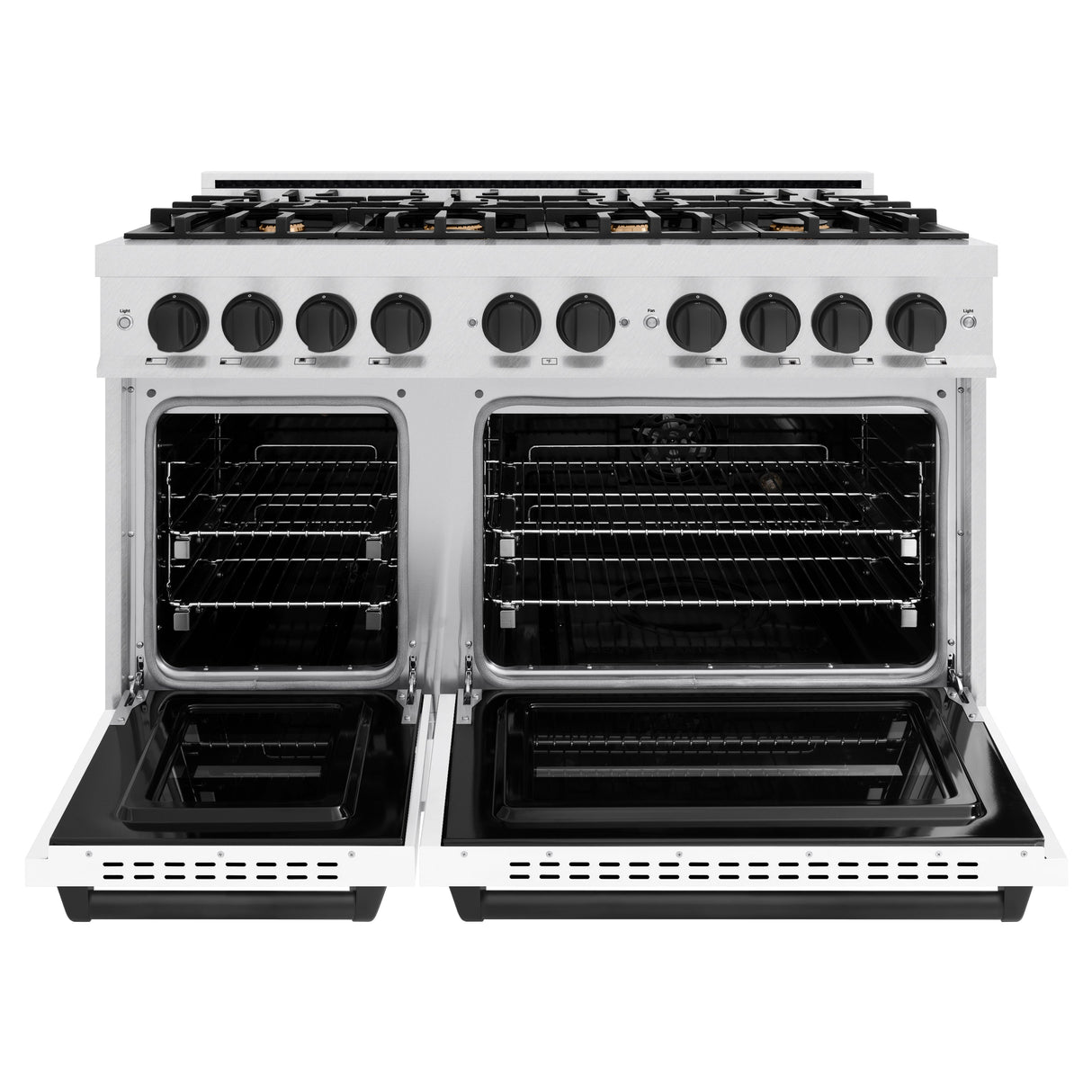 ZLINE Autograph Edition 48 in. 6.7 cu. ft. Classic Double Oven Gas Range with 8 Burner Cooktop in Satin Stainless Steel with White Matte Doors and Matte Black Accents (CGRSZ-WM-48-MB)
