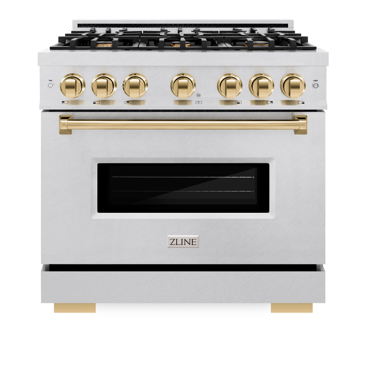 ZLINE Autograph Edition 36 in. 5.2 cu. ft. Classic Gas Range with 6 Burner Cooktop and Convection Gas Oven in Satin Stainless Steel and Polished Gold Accents (CGRSZ-36-G)