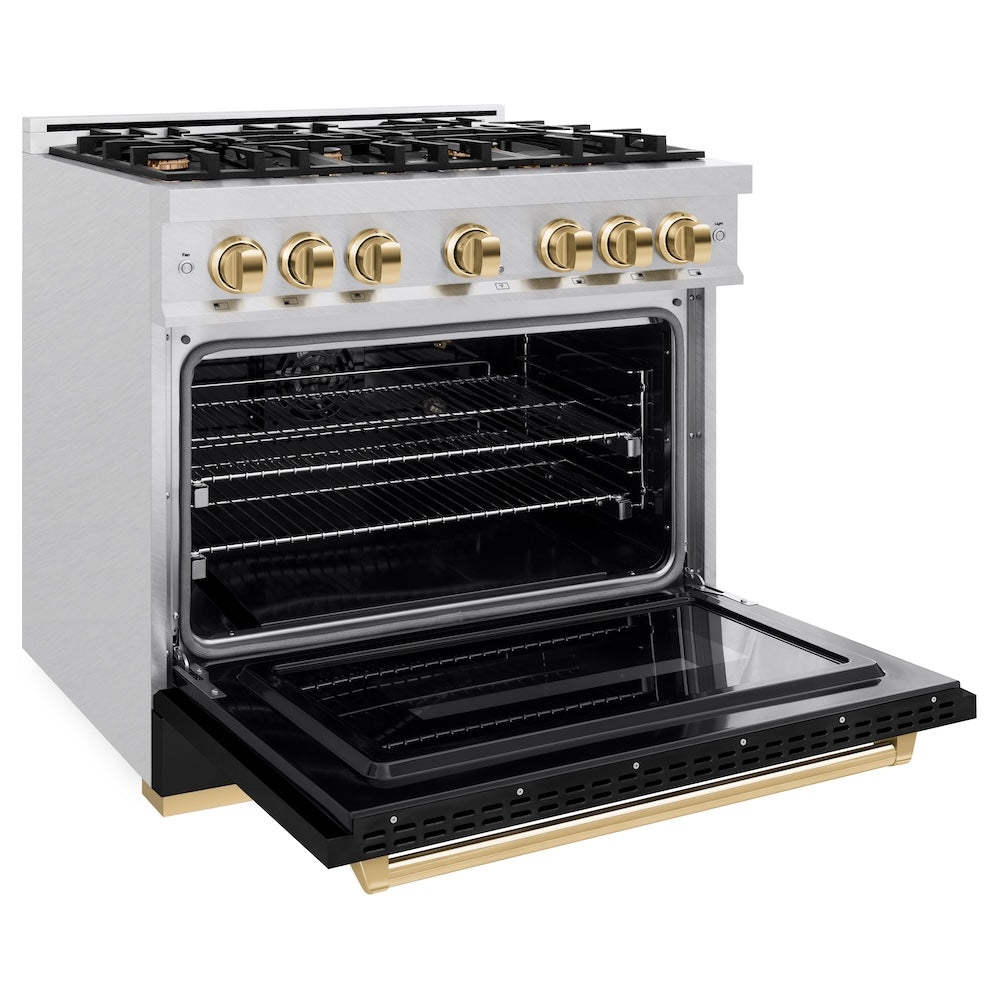 ZLINE Autograph Edition 36 in. 5.2 cu. ft. Classic Gas Range with 6 Burner Cooktop and Convection Gas Oven in Satin Stainless Steel with Black Matte Door and Polished Gold Accents (CGRSZ-BLM-36-G)
