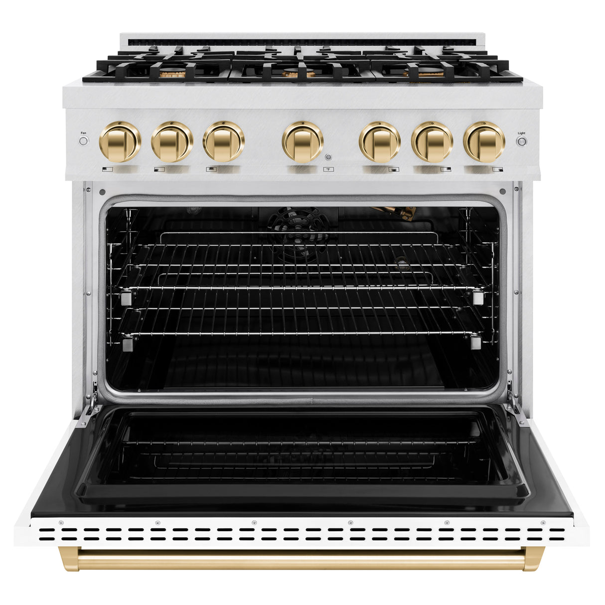 ZLINE Autograph Edition 36 in. 5.2 cu. ft. Classic Gas Range with 6 Burner Cooktop and Convection Gas Oven in Satin Stainless Steel with White Matte Door and Polished Gold Accents (CGRSZ-WM-36-G)
