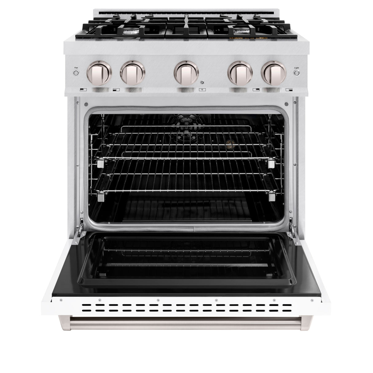 ZLINE 30 in. 4.2 cu. ft. Classic Dual Fuel Range with 4 Burner Gas Cooktop and Electric Convection Oven in Satin Stainless Steel with White Matte Door (CDRS-WM-30)