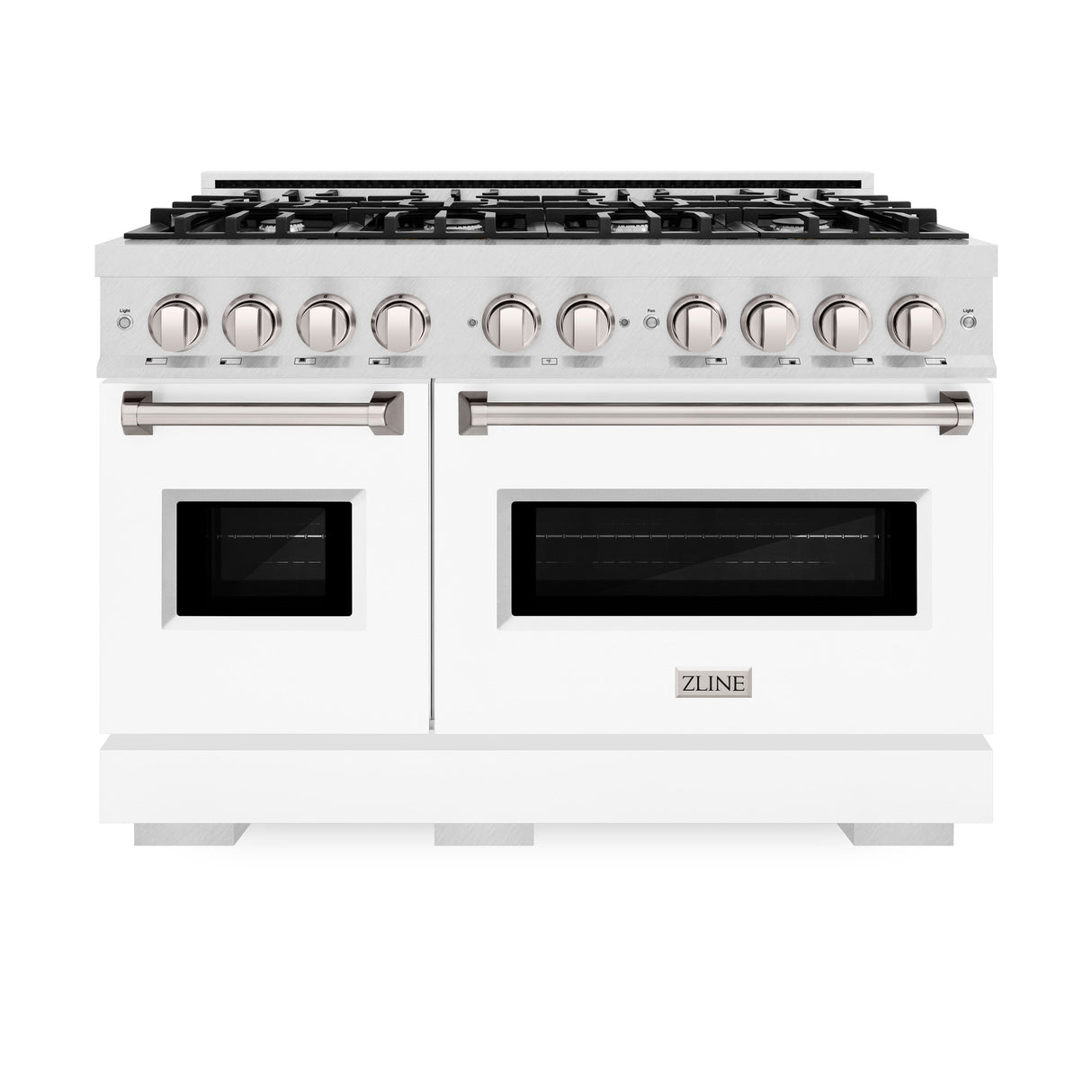 ZLINE 48 in. 6.7 cu. ft. Classic Double Oven Dual Fuel Range with 8 Burner Gas Cooktop in Satin Stainless Steel with White Matte Doors (CDRS-WM-48)