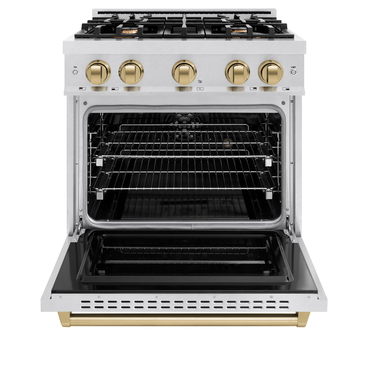 ZLINE Autograph Edition 30 in. 4.2 cu. ft. Classic Dual Fuel Range with 4 Burner Gas Cooktop and Electric Convection Oven in Satin Stainless Steel with Champagne Bronze Accents (CDRSZ-30-CB)