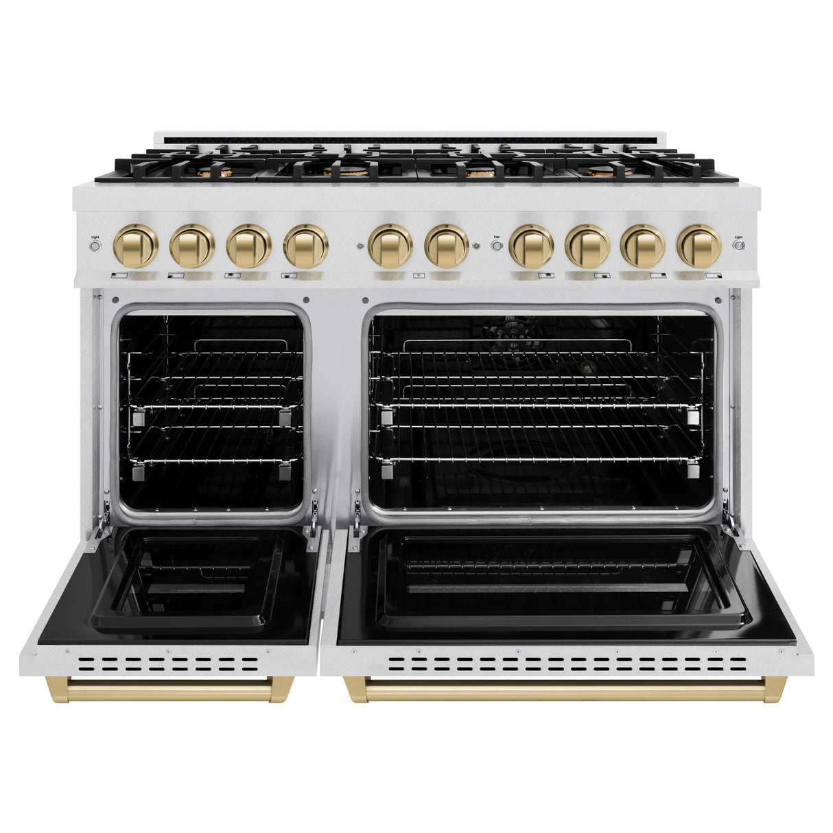 ZLINE Autograph Edition 48 in. 6.7 cu. ft. Classic Double Oven Dual Fuel Range with 8 Burner Gas Cooktop in Satin Stainless Steel and Champagne Bronze Accents (CDRSZ-48-CB)