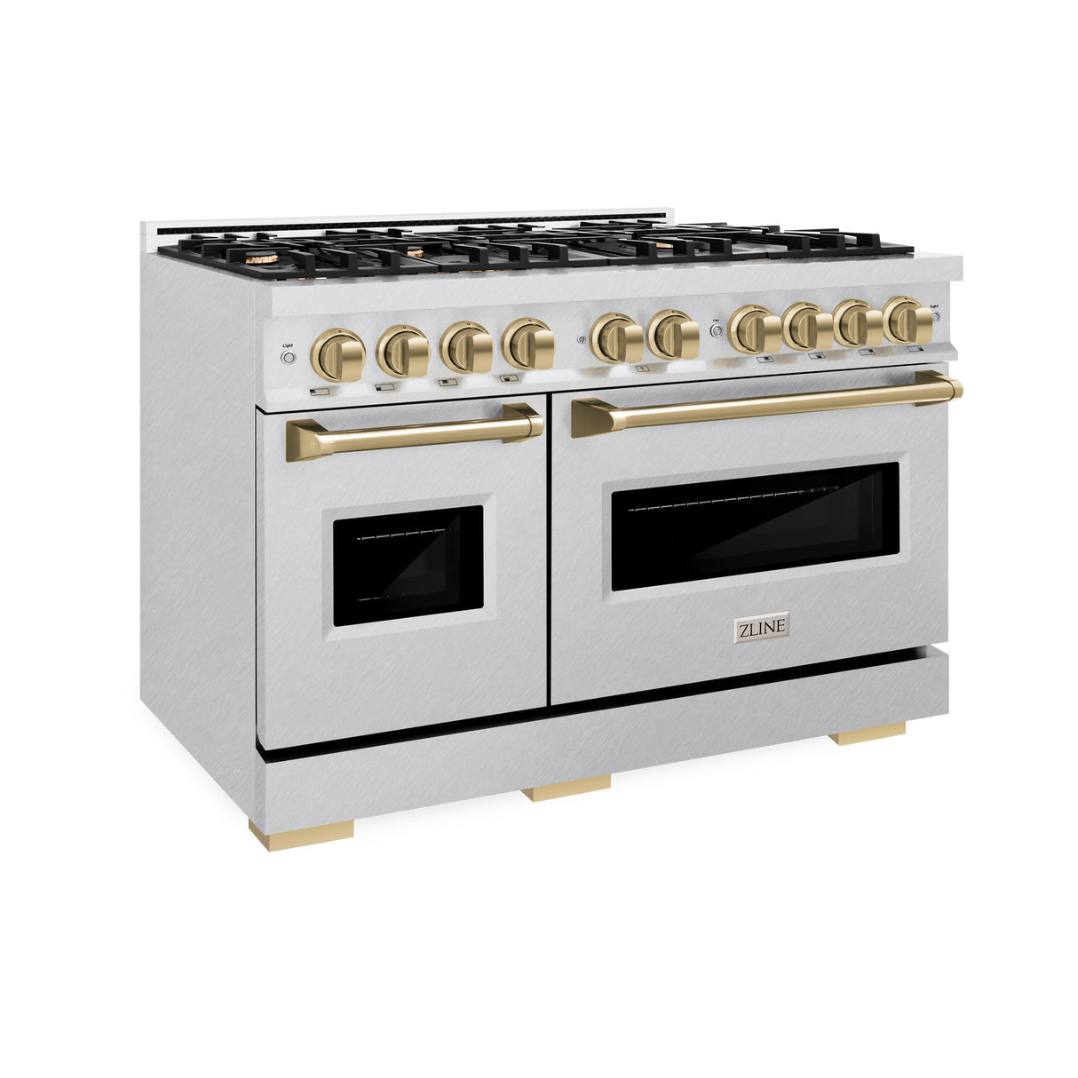 ZLINE Autograph Edition 48 in. 6.7 cu. ft. Classic Double Oven Dual Fuel Range with 8 Burner Gas Cooktop in Satin Stainless Steel and Champagne Bronze Accents (CDRSZ-48-CB)