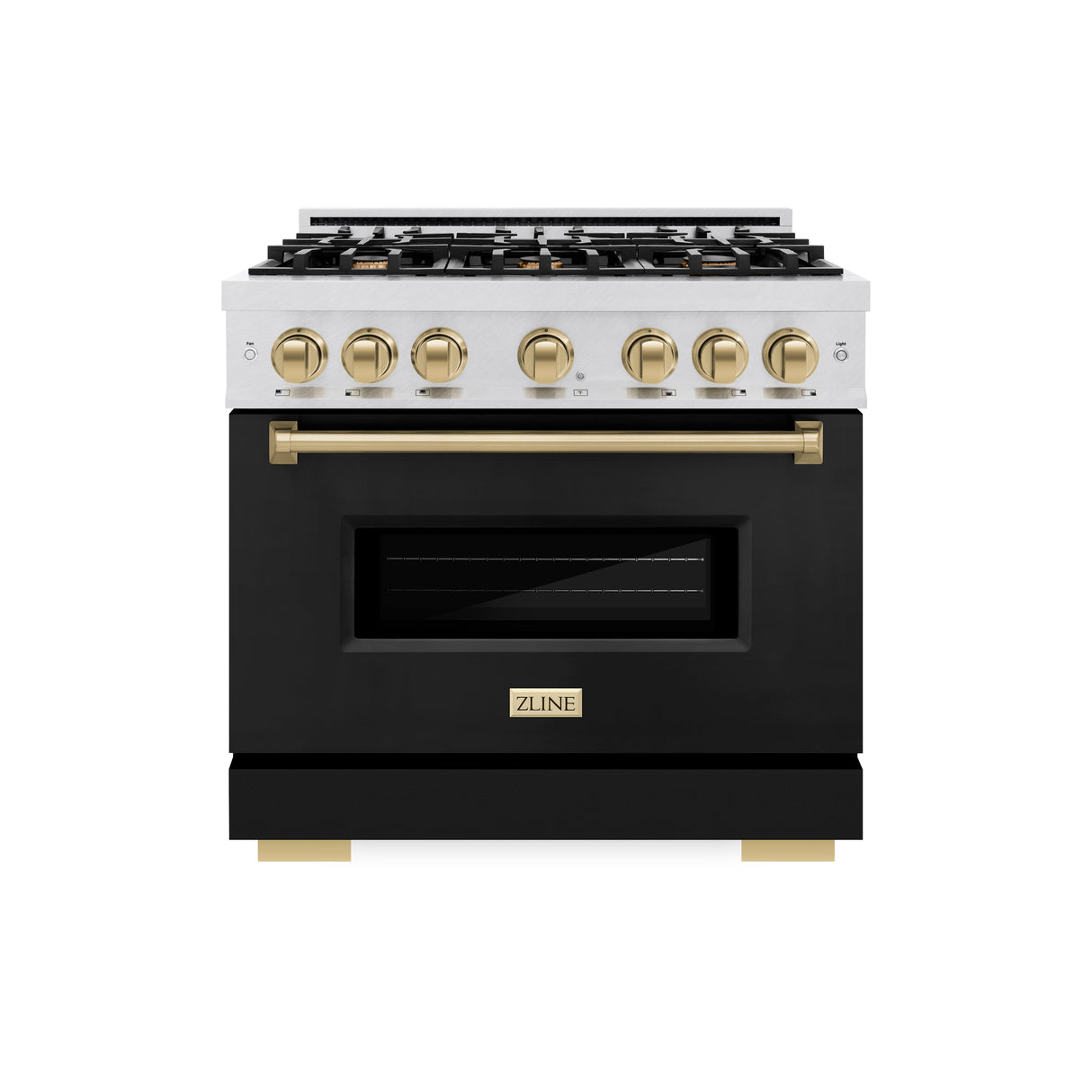 ZLINE Autograph Edition 36 in. 5.2 cu. ft. Classic Dual Fuel Range with 6 Burner Gas Cooktop and Electric Convection Oven in Satin Stainless Steel with Black Matte Door and Champagne Bronze Accents (CDRSZ-BLM-36-CB)
