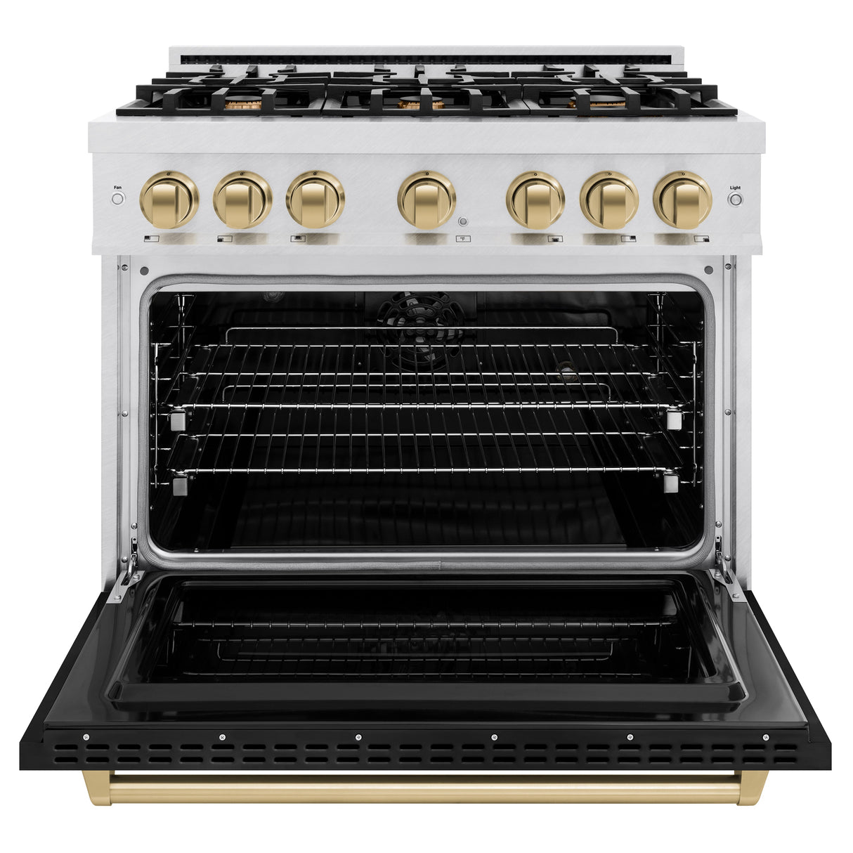 ZLINE Autograph Edition 36 in. 5.2 cu. ft. Classic Dual Fuel Range with 6 Burner Gas Cooktop and Electric Convection Oven in Satin Stainless Steel with Black Matte Door and Champagne Bronze Accents (CDRSZ-BLM-36-CB)