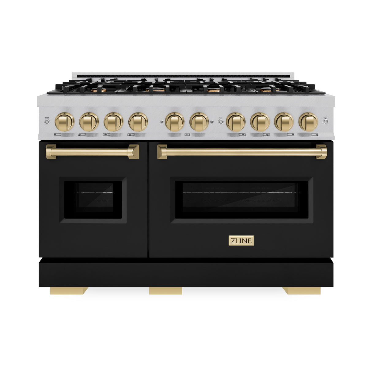 ZLINE Autograph Edition 48 in. 6.7 cu. ft. Classic Double Oven Dual Fuel Range with 8 Burner Gas Cooktop in Satin Stainless Steel with Black Matte Doors and Champagne Bronze Accents (CDRSZ-BLM-48-CB)
