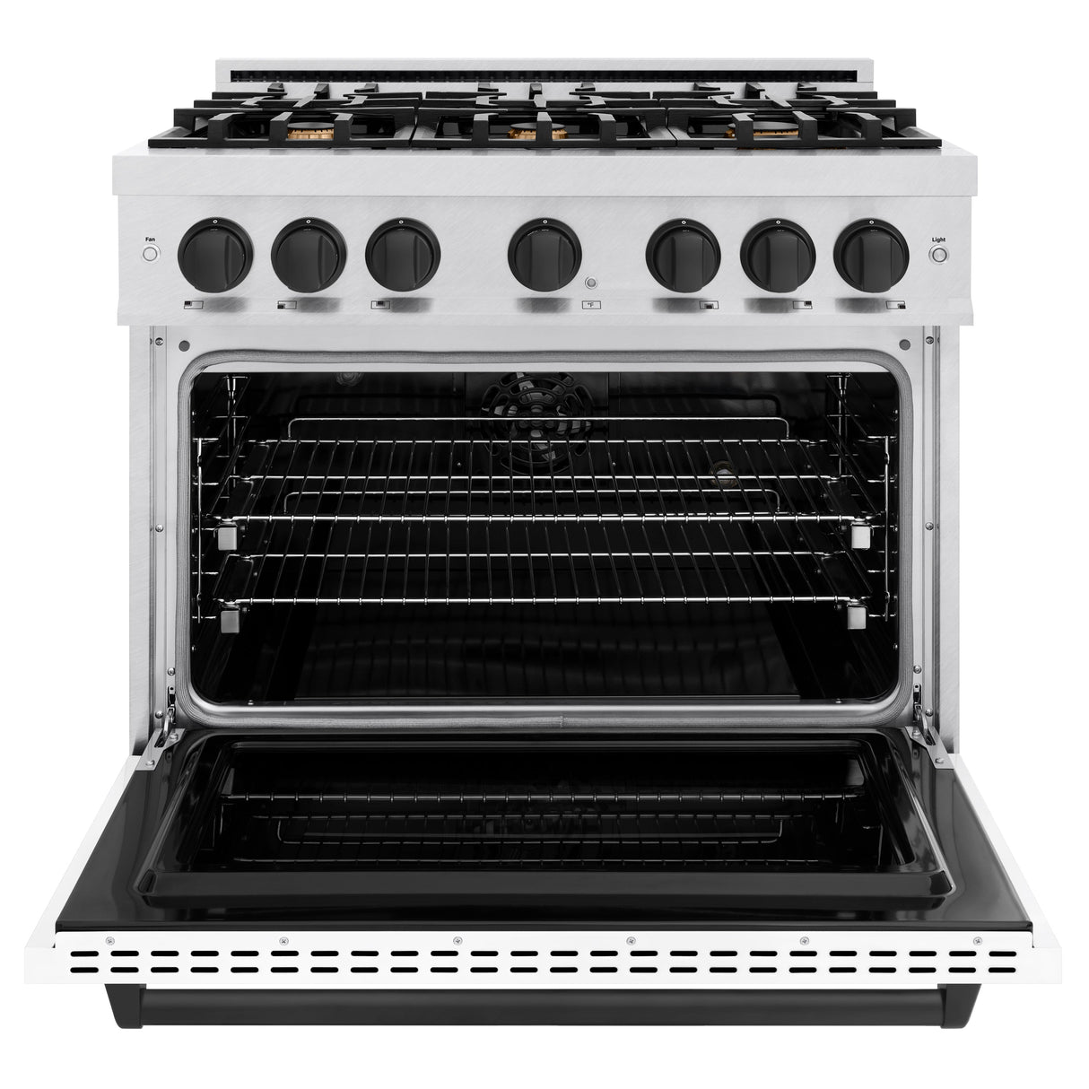 ZLINE Autograph Edition 36 in. 5.2 cu. ft. Classic Dual Fuel Range with 6 Burner Gas Cooktop and Electric Convection Oven in Satin Stainless Steel with White Matte Door and Matte Black Accents (CDRSZ-WM-36-MB)