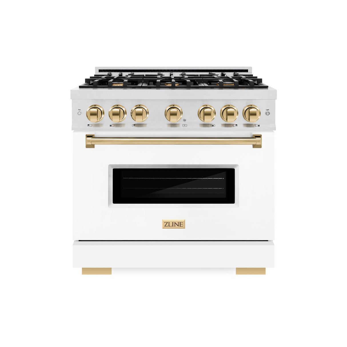 ZLINE Autograph Edition 36 in. 5.2 cu. ft. Classic Dual Fuel Range with 6 Burner Gas Cooktop and Electric Convection Oven in Satin Stainless Steel with White Matte Door and Polished Gold Accents (CDRSZ-WM-36-G)
