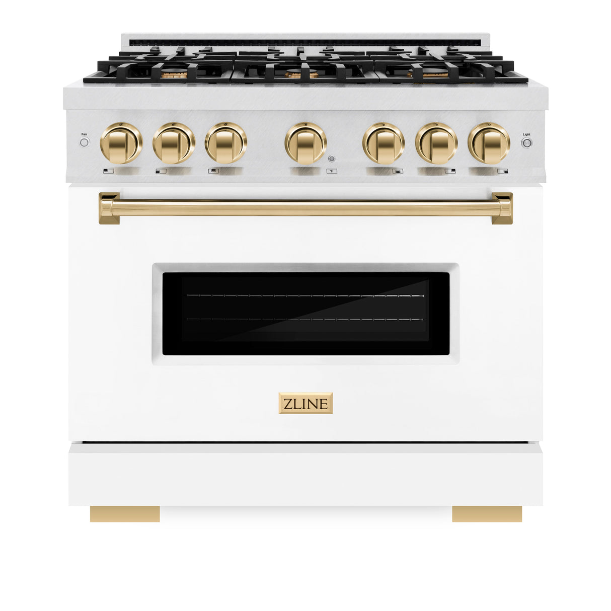 ZLINE Autograph Edition 36 in. 5.2 cu. ft. Classic Dual Fuel Range with 6 Burner Gas Cooktop and Electric Convection Oven in Satin Stainless Steel with White Matte Door and Polished Gold Accents (CDRSZ-WM-36-G)