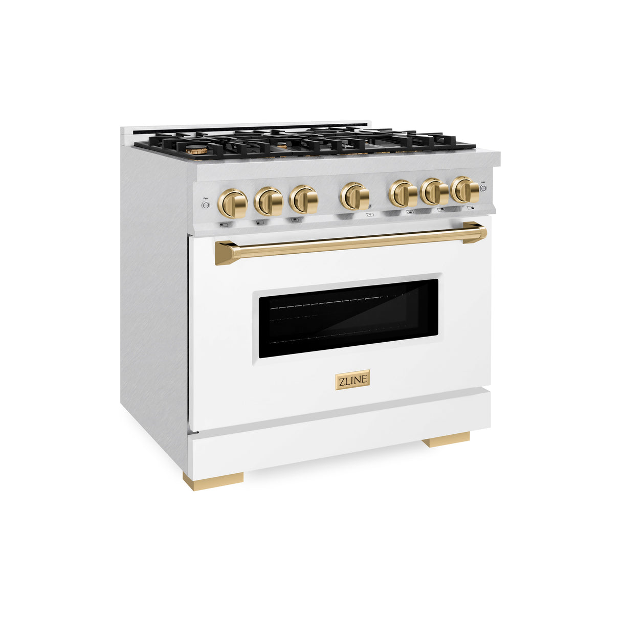 ZLINE Autograph Edition 36 in. 5.2 cu. ft. Classic Dual Fuel Range with 6 Burner Gas Cooktop and Electric Convection Oven in Satin Stainless Steel with White Matte Door and Polished Gold Accents (CDRSZ-WM-36-G)