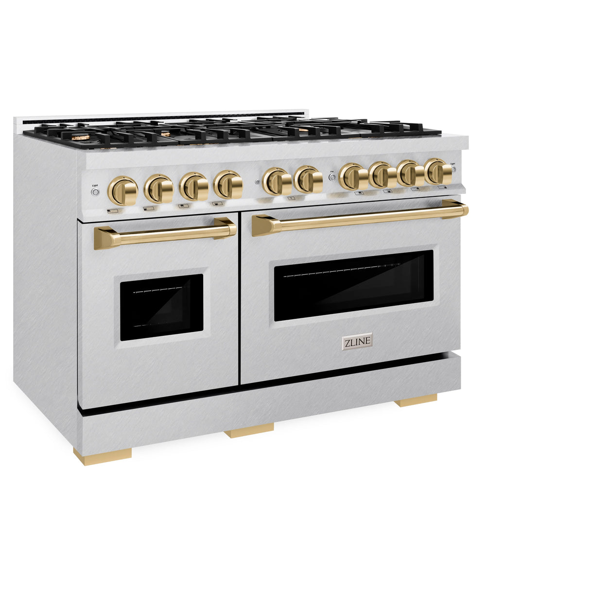 ZLINE Autograph Edition 48 in. 6.7 cu. ft. Classic Double Oven Dual Fuel Range with 8 Burner Gas Cooktop in Satin Stainless Steel and Polished Gold Accents (CDRSZ-48-G)