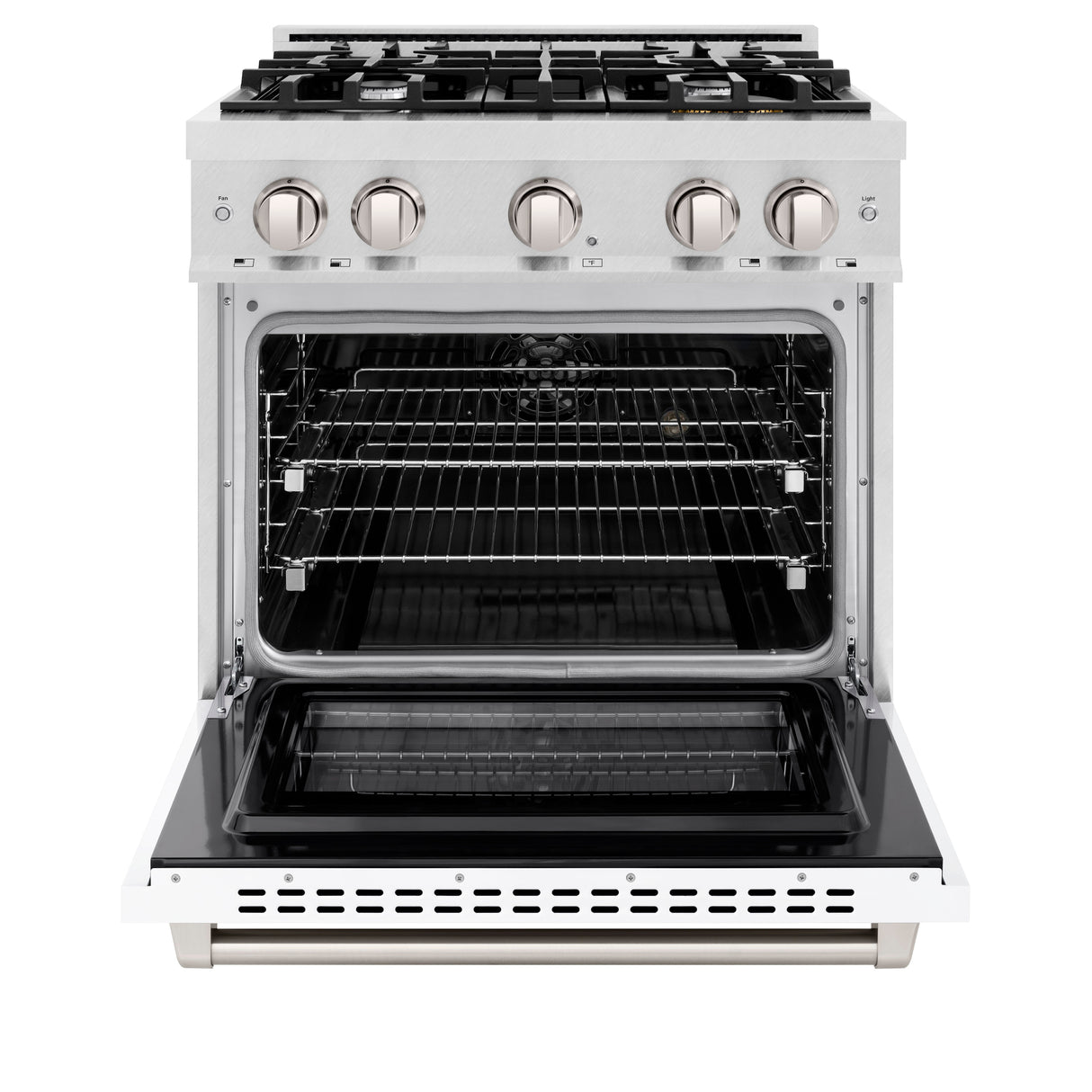 ZLINE 30 in. 4.2 cu. ft. Select Dual Fuel Range with 4 Burner Gas Cooktop and Electric Convection Oven in Satin Stainless Steel with White Matte Door (HDRS-WM-30)