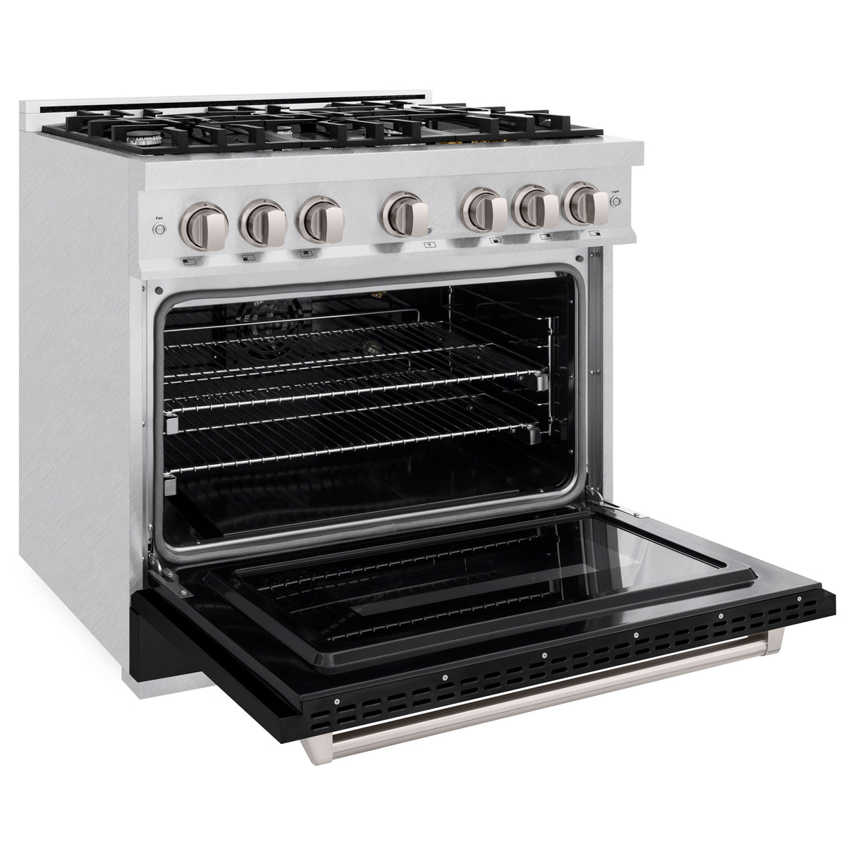 ZLINE 36 in. 5.2 cu. ft. Classic Gas Range with 6 Burner Cooktop and Convection Gas Oven in Satin Stainless Steel with Black Matte Door (CGRS-BLM-36)