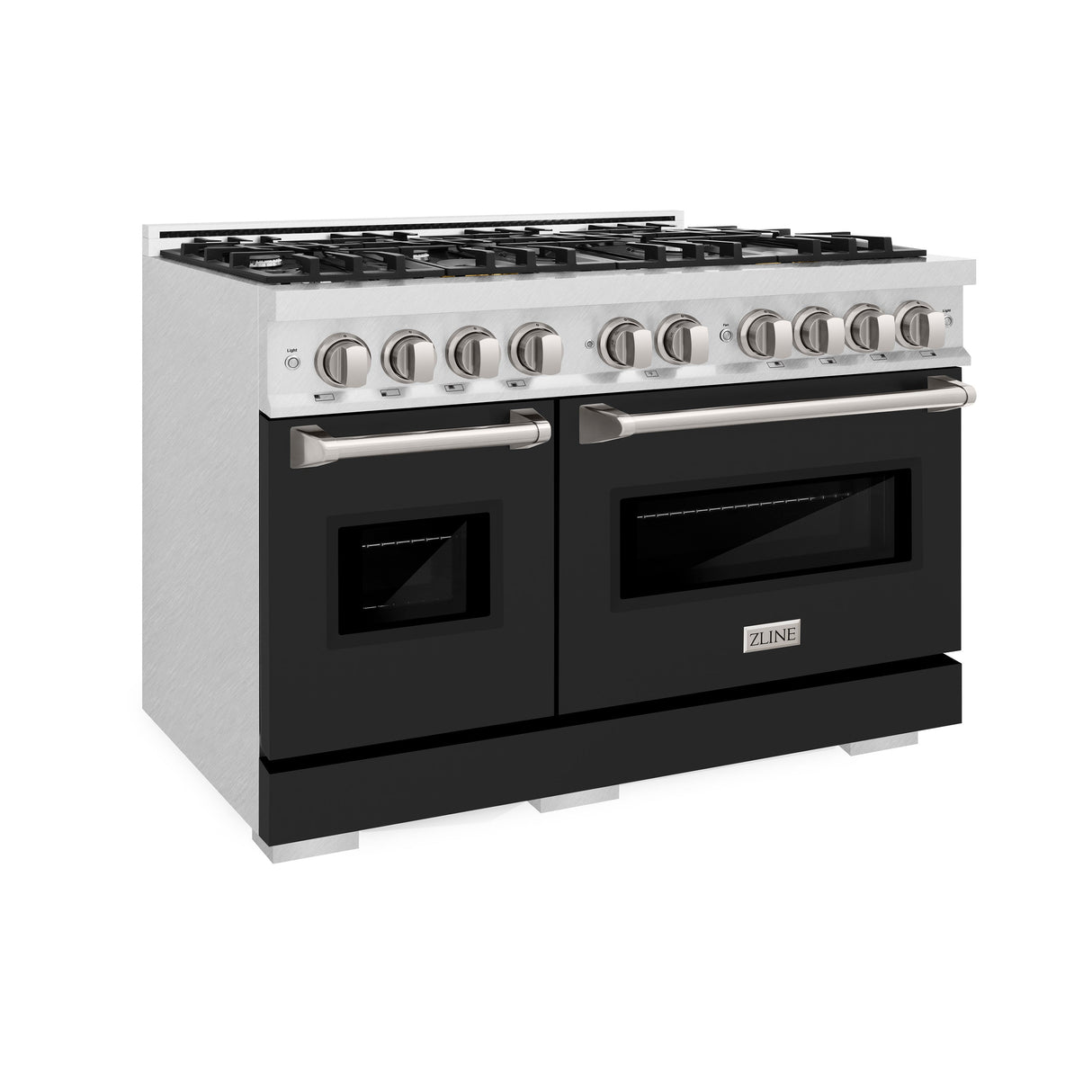 ZLINE 48 in. 6.7 cu. ft. Classic Double Oven Gas Range with 8 Burner Cooktop in Satin Stainless Steel with Black Matte Doors (CGRS-BLM-48)