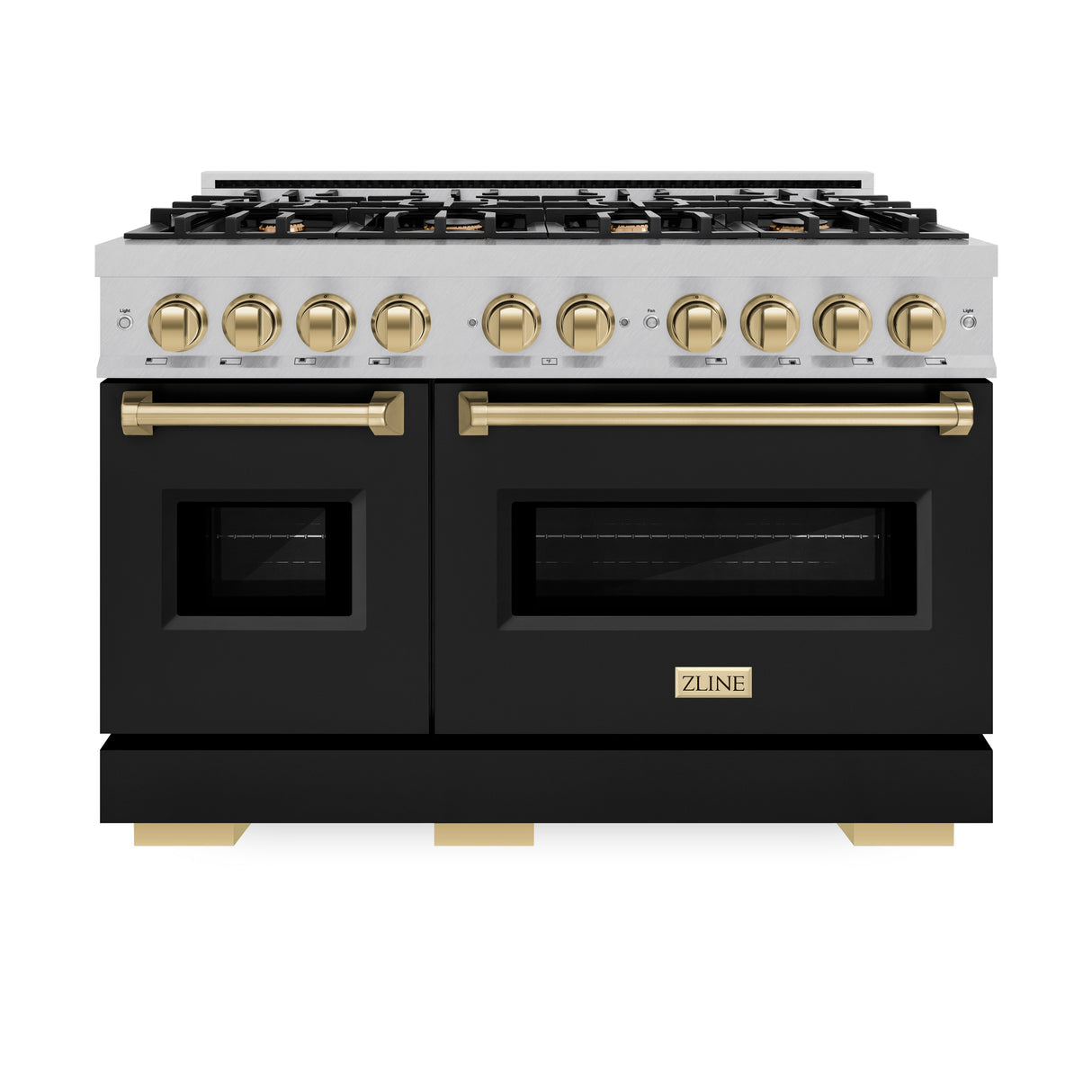 ZLINE Autograph Edition 48 in. 6.7 cu. ft. Classic Double Oven Gas Range with 8 Burner Cooktop in Satin Stainless Steel with Black Matte Doors and Champagne Bronze Accents (CGRSZ-BLM-48-CB)