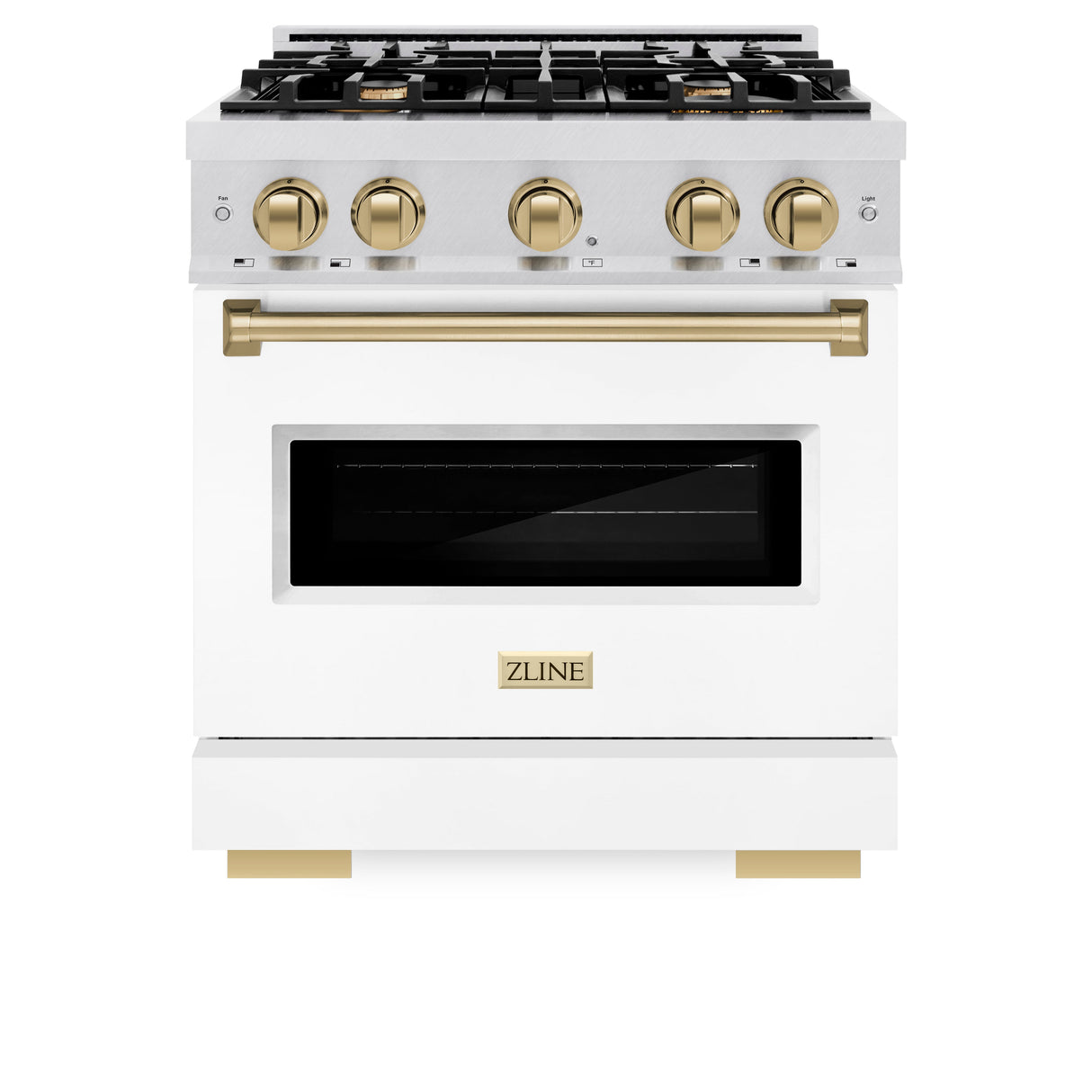 ZLINE Autograph Edition 30 in. 4.2 cu. ft. Classic Gas Range with 4 Burner Cooktop and Convection Gas Oven in Satin Stainless Steel with White Matte Door and Champagne Bronze Accents (CGRSZ-WM-30-CB)