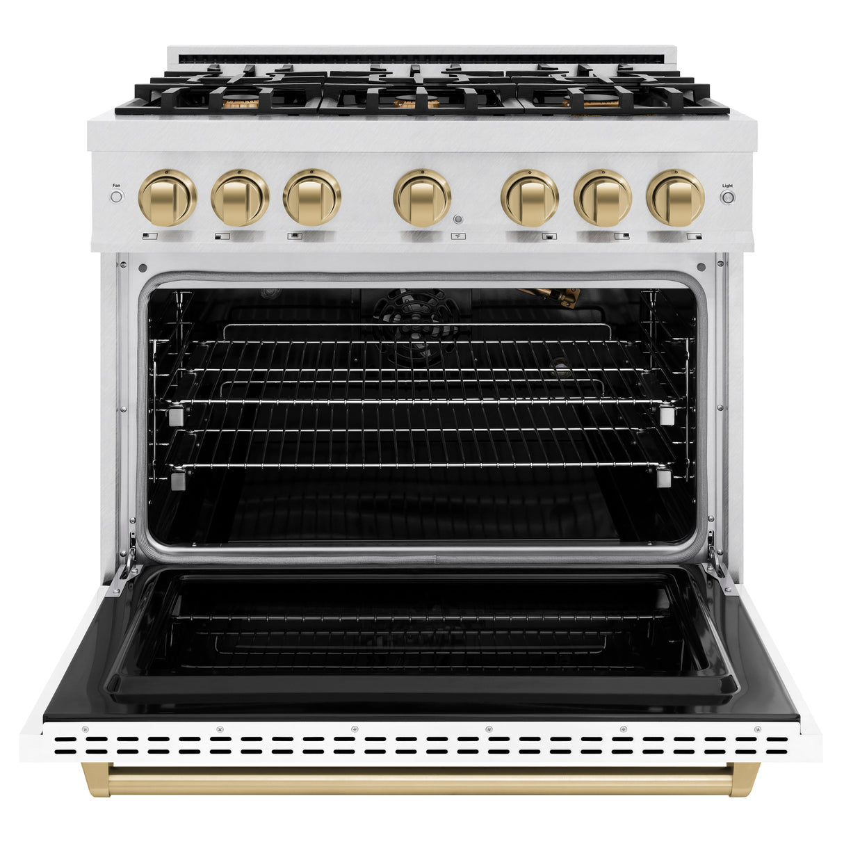 ZLINE Autograph Edition 36 in. 5.2 cu. ft. Classic Gas Range with 6 Burner Cooktop and Convection Gas Oven in Satin Stainless Steel with White Matte Door and Champagne Bronze Accents (CGRSZ-WM-36-CB)