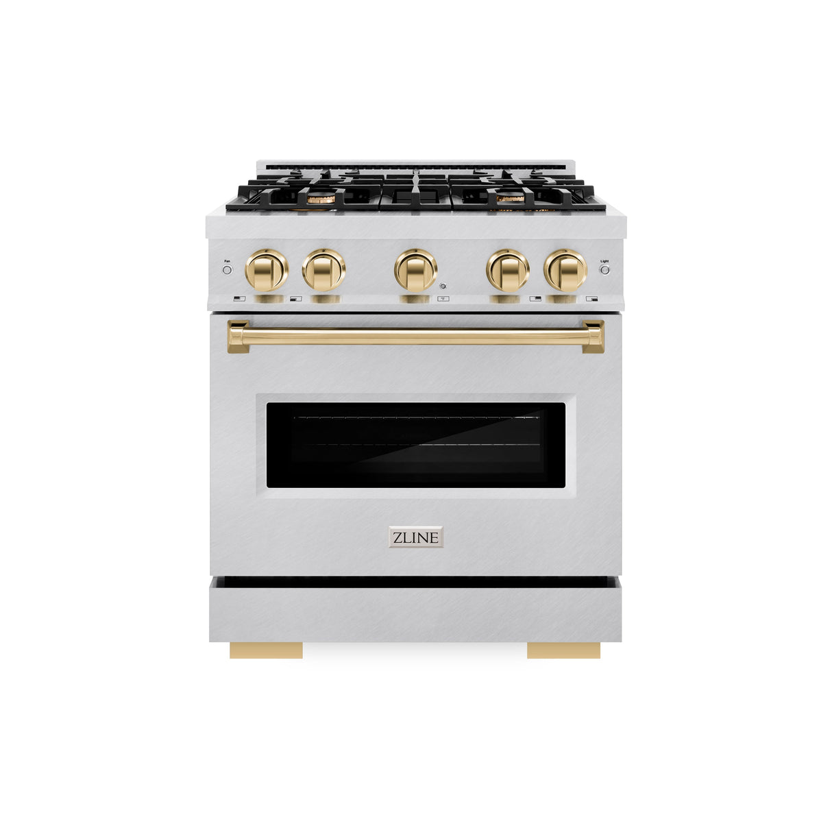 ZLINE Autograph Edition 30 in. 4.2 cu. ft. Classic Gas Range with 4 Burner Cooktop and Convection Gas Oven in Satin Stainless Steel and Polished Gold Accents (CGRSZ-30-G)