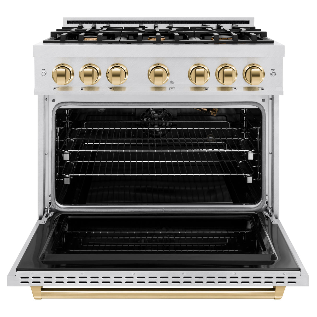 ZLINE Autograph Edition 36 in. 5.2 cu. ft. Classic Gas Range with 6 Burner Cooktop and Convection Gas Oven in Satin Stainless Steel and Polished Gold Accents (CGRSZ-36-G)