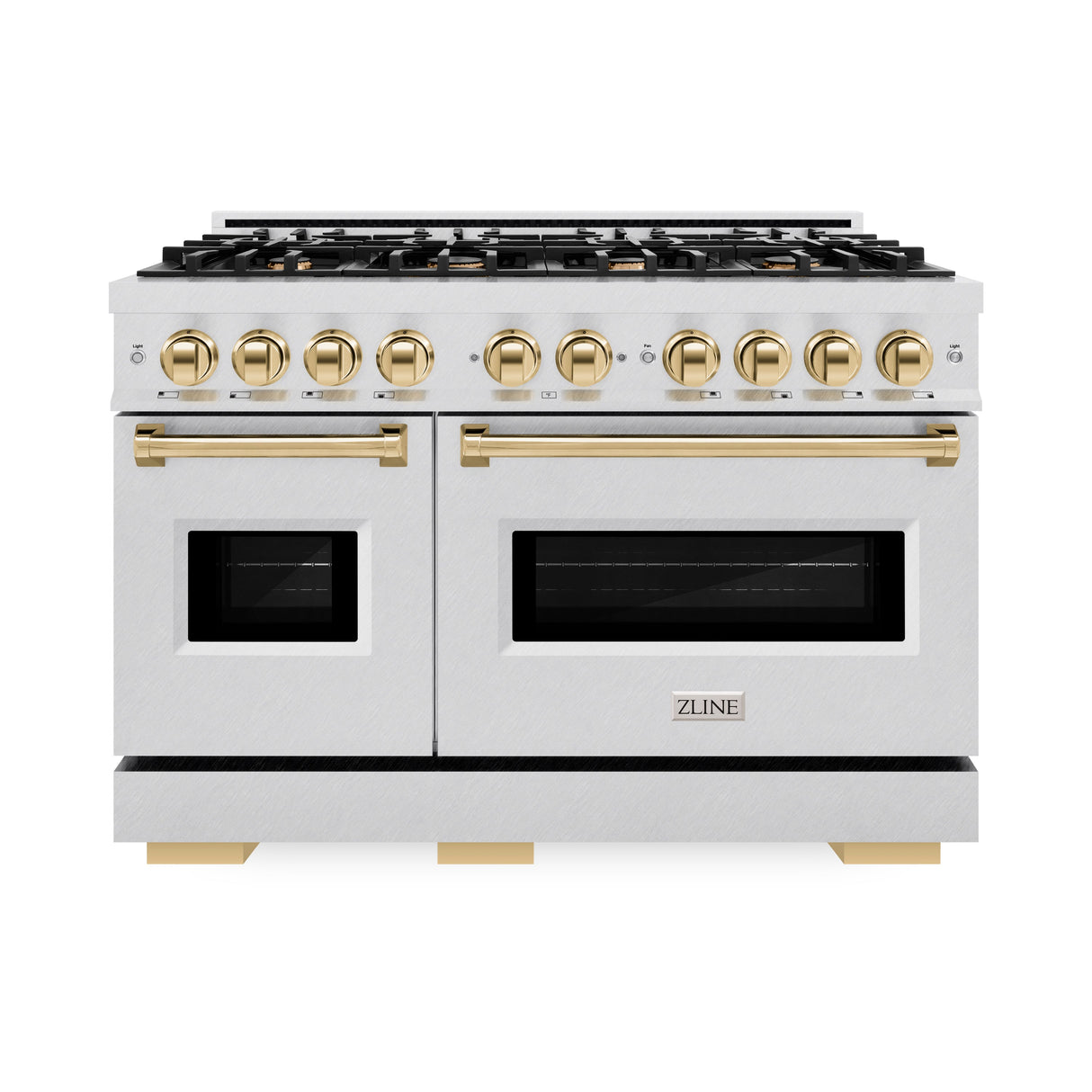ZLINE Autograph Edition 48 in. 6.7 cu. ft. Classic Double Oven Gas Range with 8 Burner Cooktop in Satin Stainless Steel and Polished Gold Accents (CGRSZ-48-G)