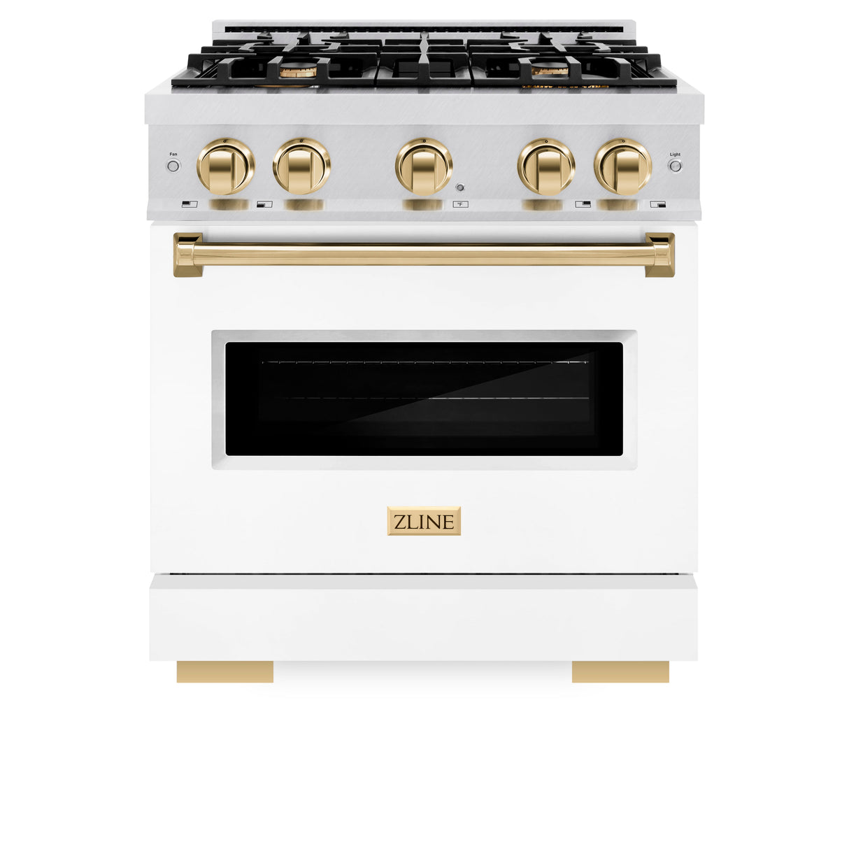 ZLINE Autograph Edition 30 in. 4.2 cu. ft. Classic Gas Range with 4 Burner Cooktop and Convection Gas Oven in Satin Stainless Steel with White Matte Door and Polished Gold Accents (CGRSZ-WM-30-G)