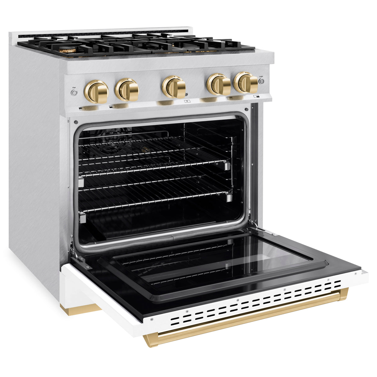 ZLINE Autograph Edition 30 in. 4.2 cu. ft. Classic Gas Range with 4 Burner Cooktop and Convection Gas Oven in Satin Stainless Steel with White Matte Door and Polished Gold Accents (CGRSZ-WM-30-G)