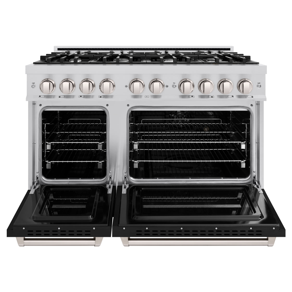 ZLINE 48 in. 6.7 cu. ft. Classic Double Oven Dual Fuel Range with 8 Burner Gas Cooktop in Stainless Steel with Black Matte Doors (CDR-BLM-48)