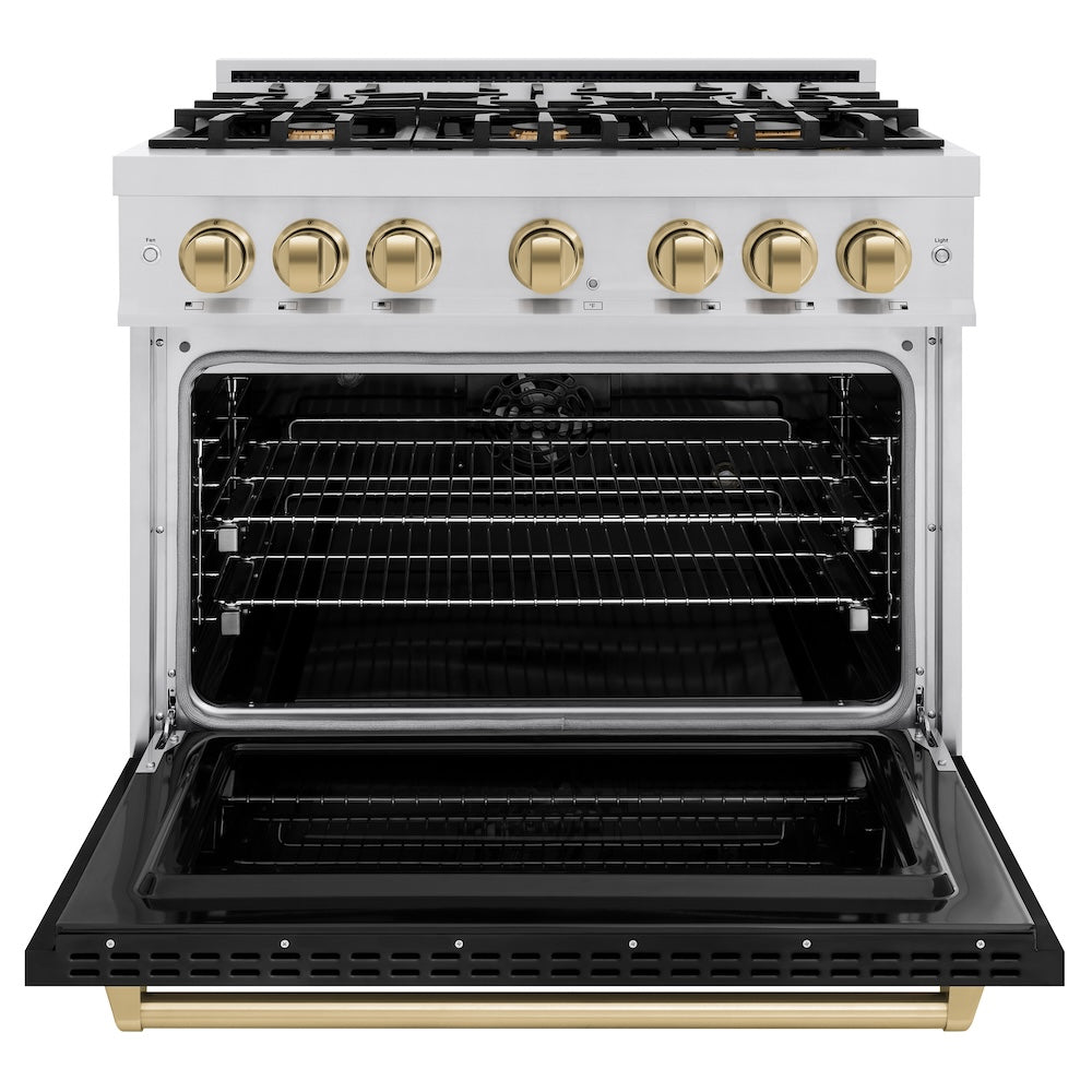 ZLINE Autograph Edition 36 in. 5.2 cu. ft. Classic Dual Fuel Range with 6 Burner Gas Cooktop and Electric Convection Oven in Stainless Steel with Black Matte Door and Champagne Bronze Accents (CDRZ-BLM-36-CB)