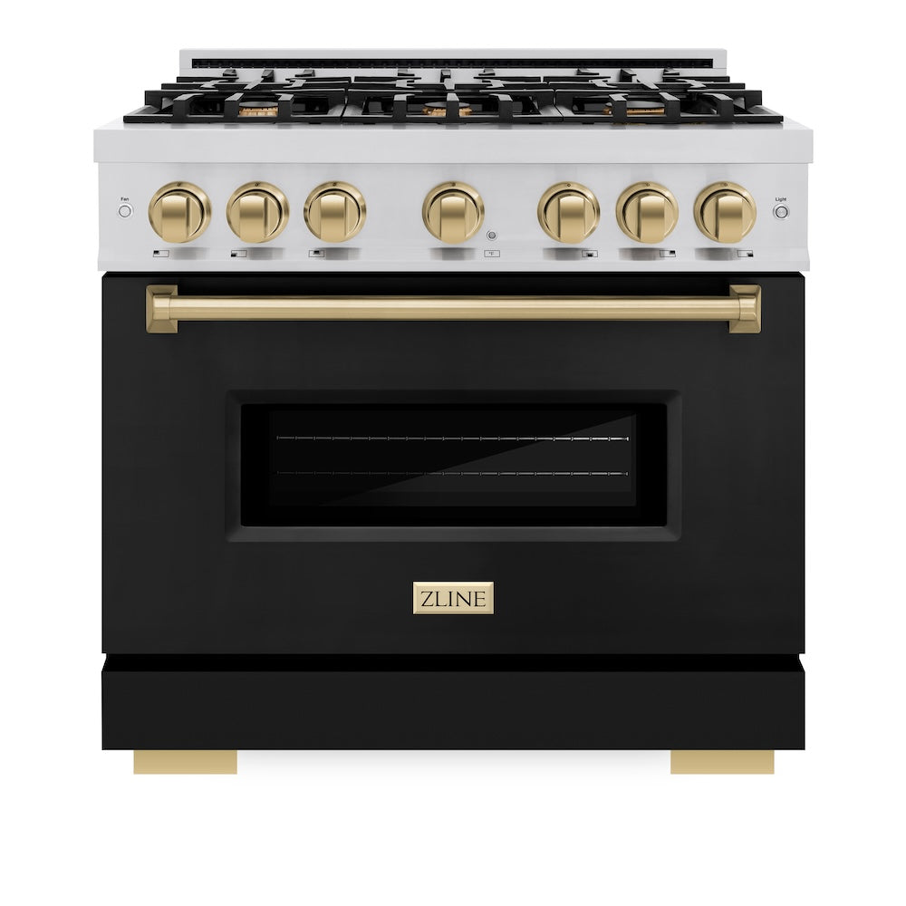 ZLINE Autograph Edition 36 in. 5.2 cu. ft. Classic Dual Fuel Range with 6 Burner Gas Cooktop and Electric Convection Oven in Stainless Steel with Black Matte Door and Champagne Bronze Accents (CDRZ-BLM-36-CB)