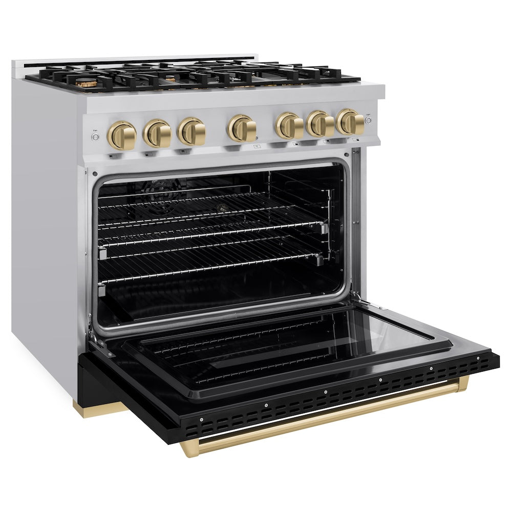 ZLINE Autograph Edition 36 in. 5.2 cu. ft. Classic Dual Fuel Range with 6 Burner Gas Cooktop and Electric Convection Oven in Stainless Steel with Black Matte Door and Champagne Bronze Accents (CDRZ-BLM-36-CB)
