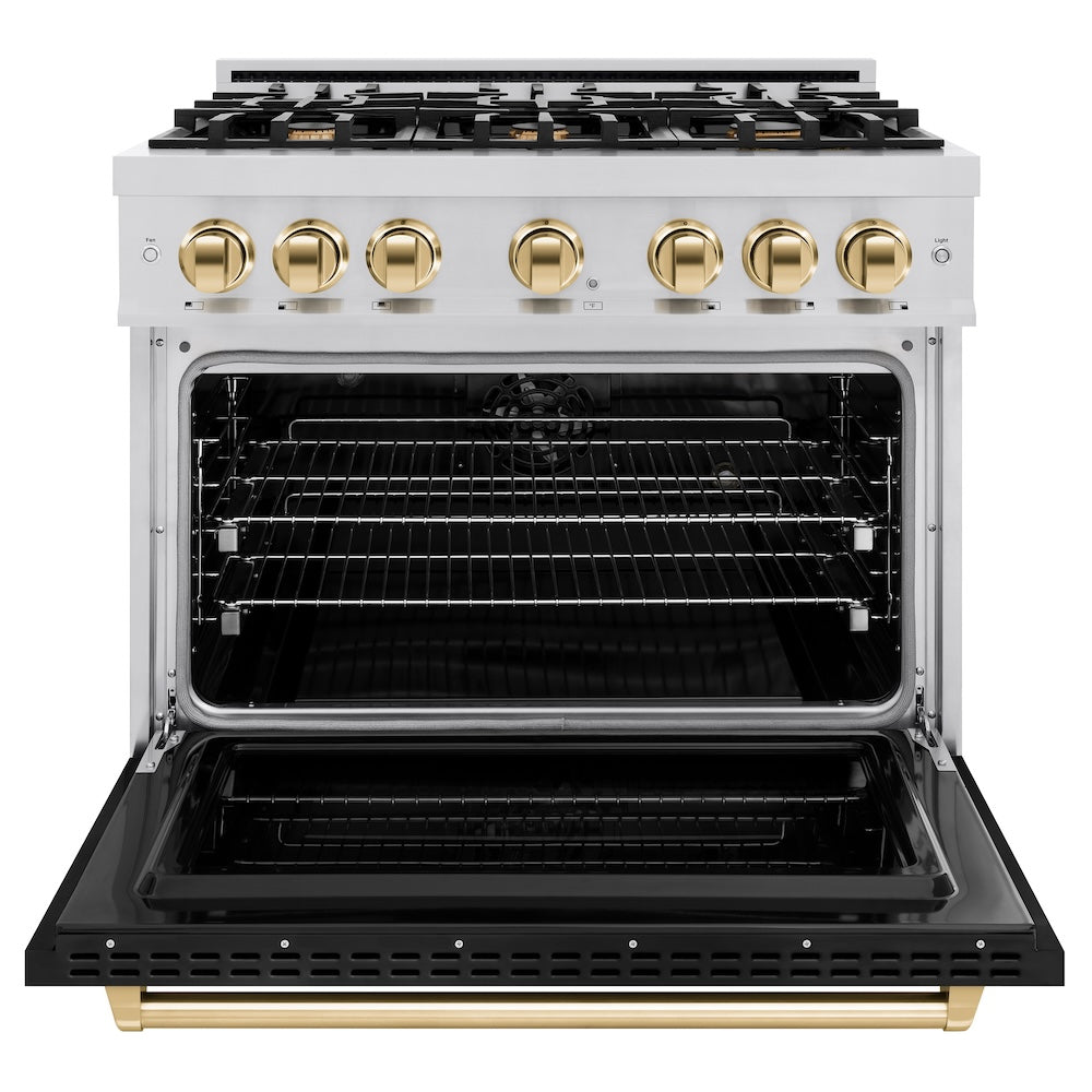 ZLINE Autograph Edition 36 in. 5.2 cu. ft. Classic Dual Fuel Range with 6 Burner Gas Cooktop and Electric Convection Oven in Stainless Steel with Black Matte Door and Polished Gold Accents (CDRZ-BLM-36-G)