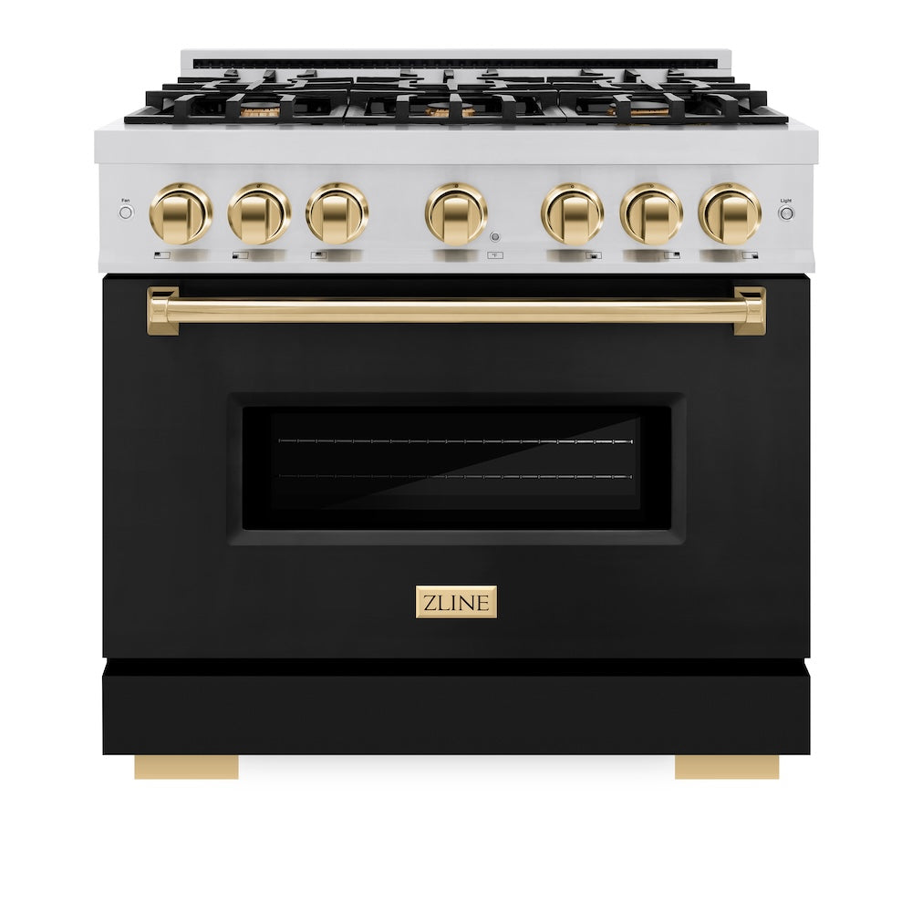 ZLINE Autograph Edition 36 in. 5.2 cu. ft. Classic Dual Fuel Range with 6 Burner Gas Cooktop and Electric Convection Oven in Stainless Steel with Black Matte Door and Polished Gold Accents (CDRZ-BLM-36-G)