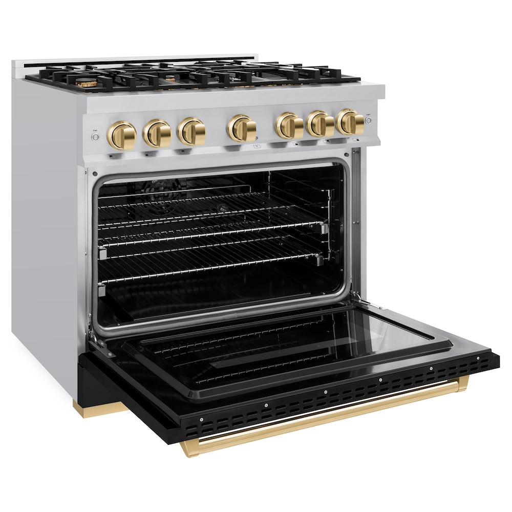 ZLINE Autograph Edition 36 in. 5.2 cu. ft. Classic Dual Fuel Range with 6 Burner Gas Cooktop and Electric Convection Oven in Stainless Steel with Black Matte Door and Polished Gold Accents (CDRZ-BLM-36-G)