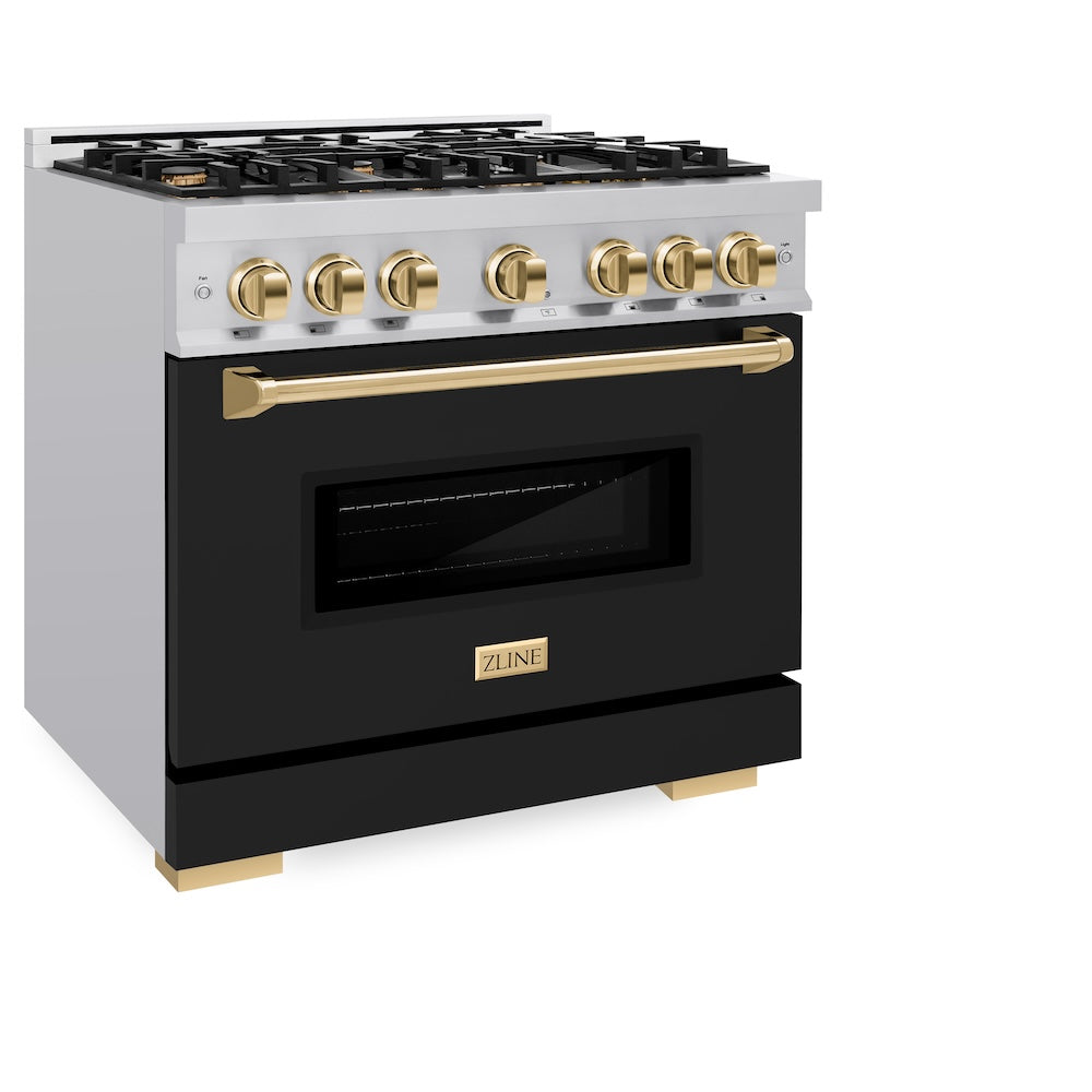 ZLINE Autograph Edition 36 in. 5.2 cu. ft. Classic Dual Fuel Range with 6 Burner Gas Cooktop and Electric Convection Oven in Stainless Steel with Black Matte Door and Polished Gold Accents (CDRZ-BLM-36-G)