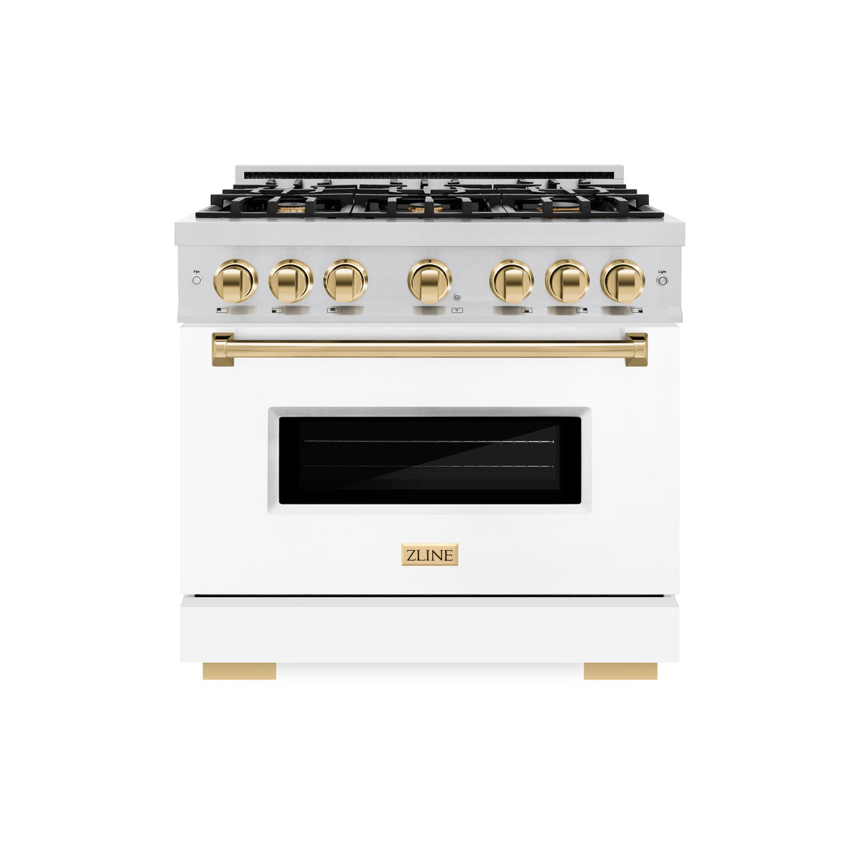 ZLINE Autograph Edition 36 in. 5.2 cu. ft. Classic Gas Range with 6 Burner Cooktop and Convection Gas Oven in Stainless Steel with White Matte Door and Polished Gold Accents (CGRZ-WM-36-G)