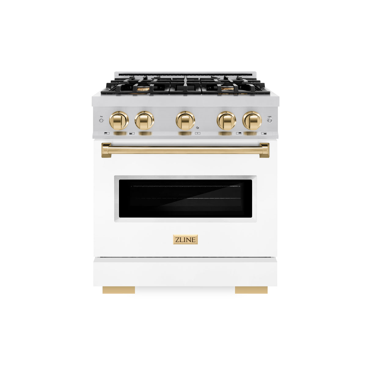 ZLINE Autograph Edition 30 in. 4.2 cu. ft. Classic Gas Range with 4 Burner Cooktop and Convection Gas Oven in Satin Stainless Steel with White Matte Door and Polished Gold Accents (CGRSZ-WM-30-G)