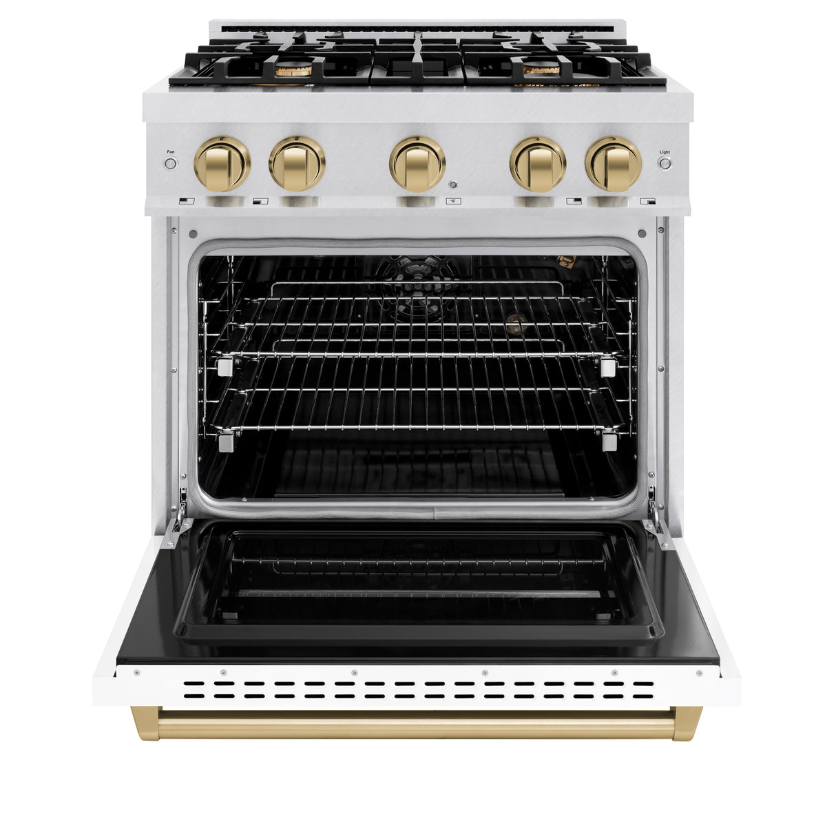 ZLINE Autograph Edition 30 in. 4.2 cu. ft. Classic Gas Range with 4 Burner Cooktop and Convection Gas Oven in Satin Stainless Steel with White Matte Door and Champagne Bronze Accents (CGRSZ-WM-30-CB)