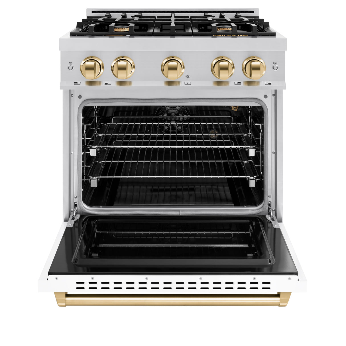 ZLINE Autograph Edition 30 in. 4.2 cu. ft. Classic Gas Range with 4 Burner Cooktop and Convection Gas Oven in Satin Stainless Steel with White Matte Door and Polished Gold Accents (CGRSZ-WM-30-G)