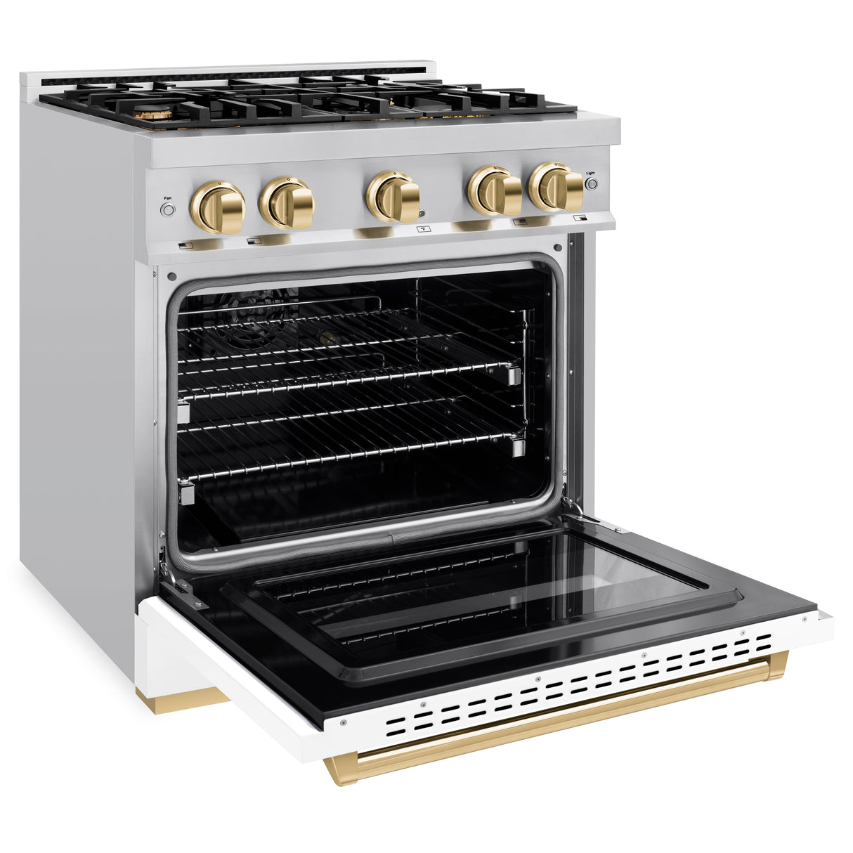 ZLINE Autograph Edition 30 in. 4.2 cu. ft. Classic Gas Range with 4 Burner Cooktop and Convection Gas Oven in Satin Stainless Steel with White Matte Door and Polished Gold Accents (CGRSZ-WM-30-G)