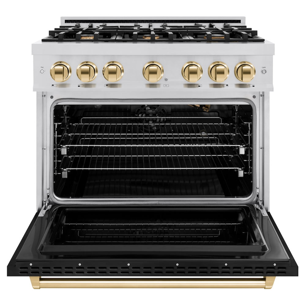 ZLINE Autograph Edition 36 in. 5.2 cu. ft. Classic Gas Range with 6 Burner Cooktop and Convection Gas Oven in Stainless Steel with Black Matte Door and Polished Gold Accents (CGRZ-BLM-36-G)