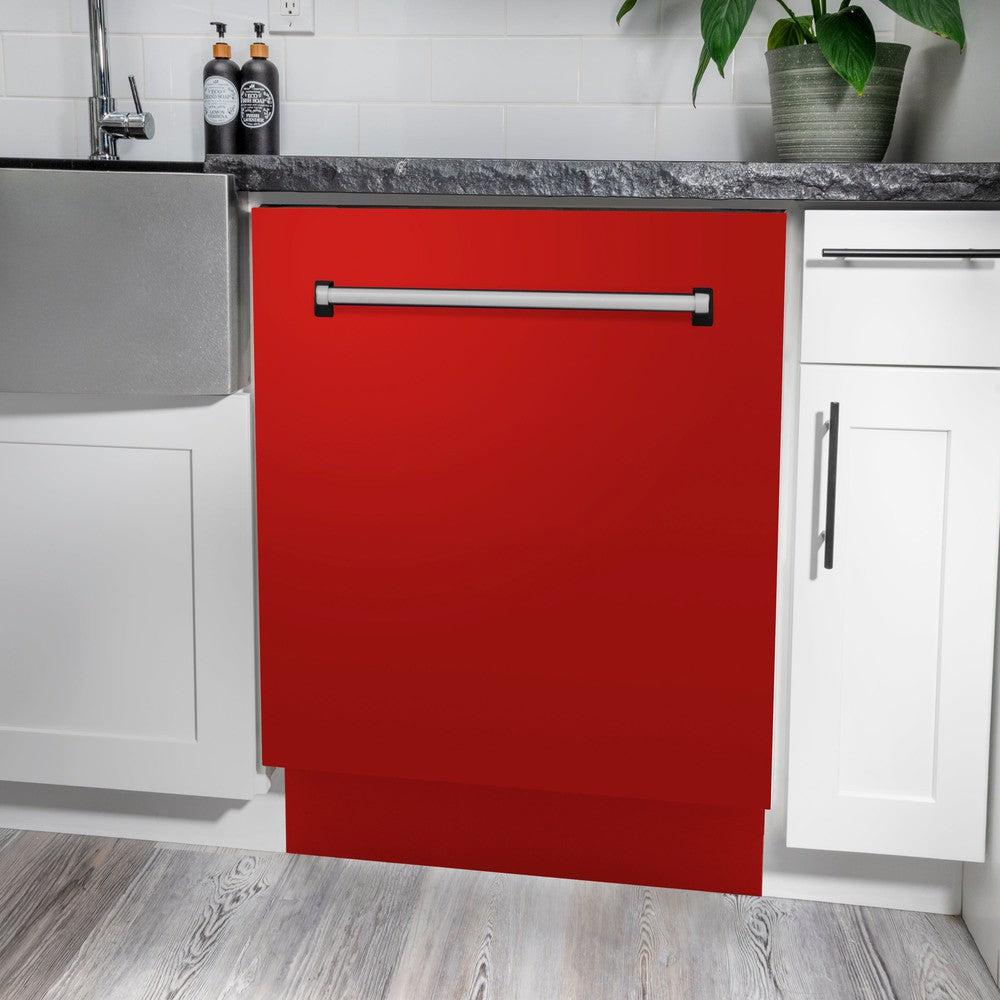 ZLINE 24 in. Tallac Series 3rd Rack Dishwasher with Red Matte Panel and Traditional Handle, 51dBa (DWV-RM-24)
