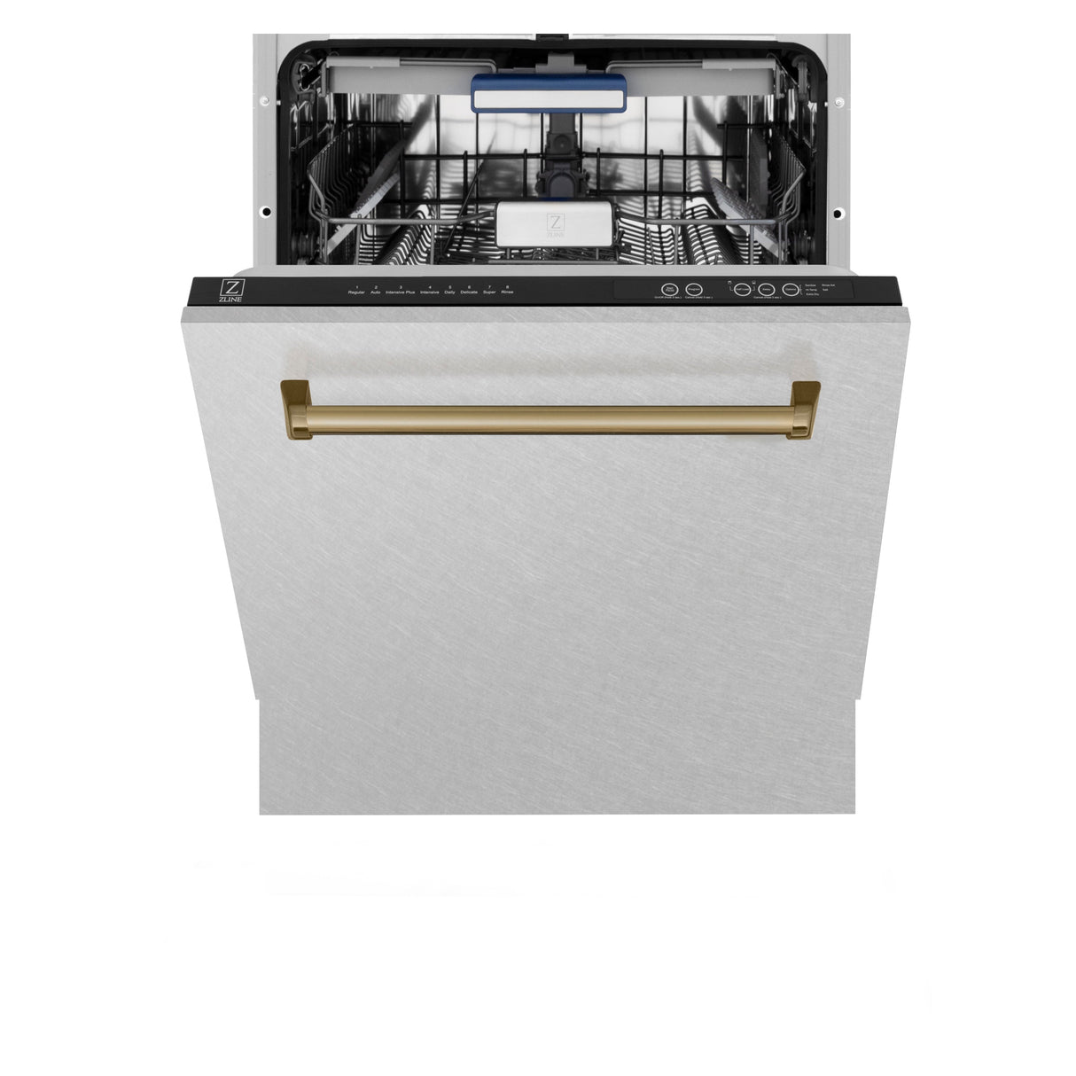 ZLINE Autograph Edition 24 in. Tallac Series 3rd Rack Top Control Built-In Tall Tub Dishwasher with Satin Stainless Steel Panel and Champagne Bronze Handle, 51dBa (DWVZ-SN-24-CB)